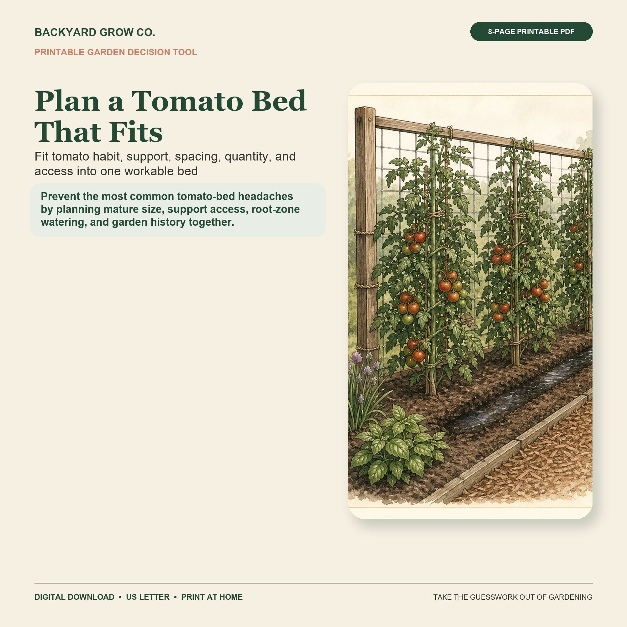 Plan a Tomato Bed That Fits printable Quick Tool cover with garden-themed artwork and Backyard Grow Co. branding.