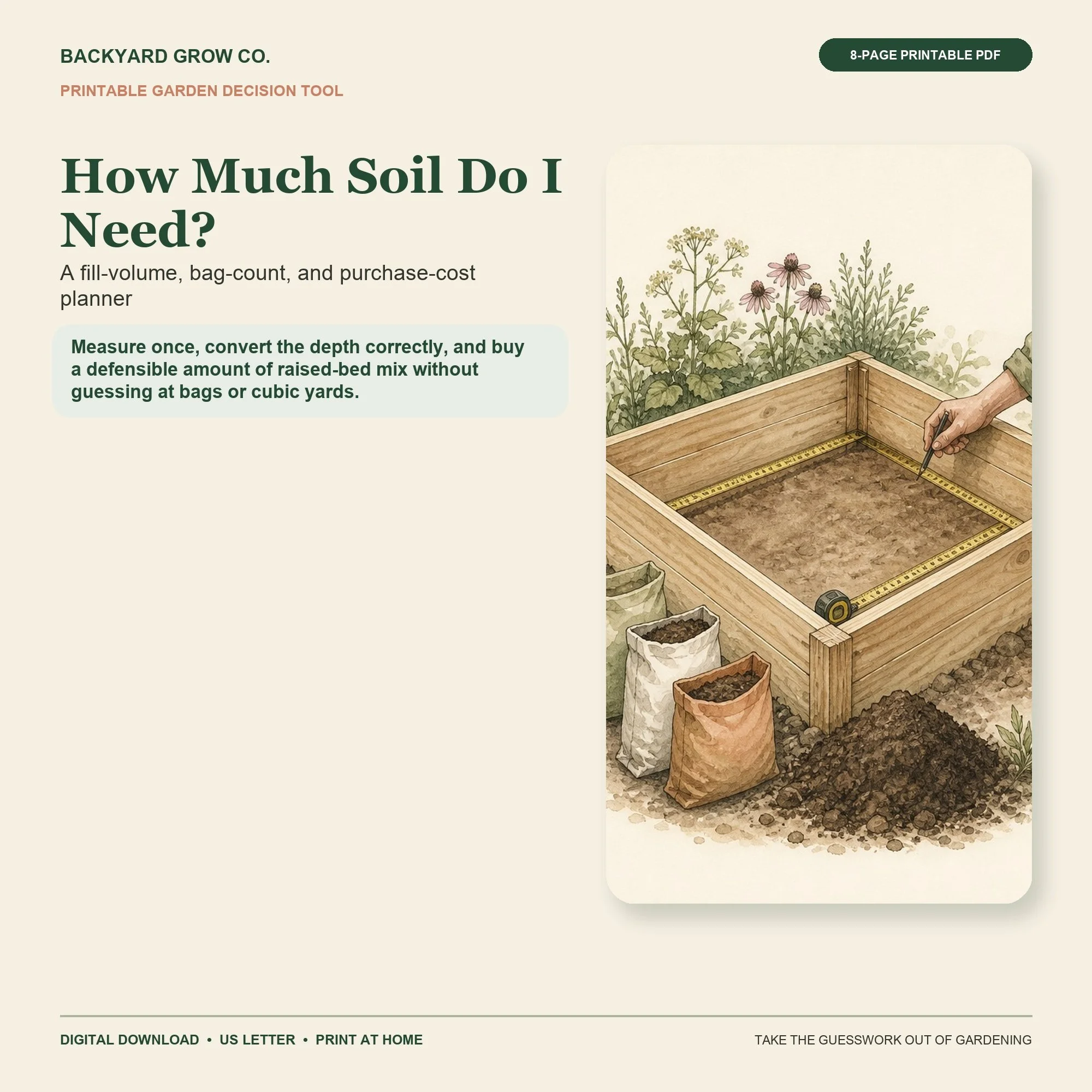 How Much Soil Do I Need? printable Quick Tool cover with garden-themed artwork and Backyard Grow Co. branding.