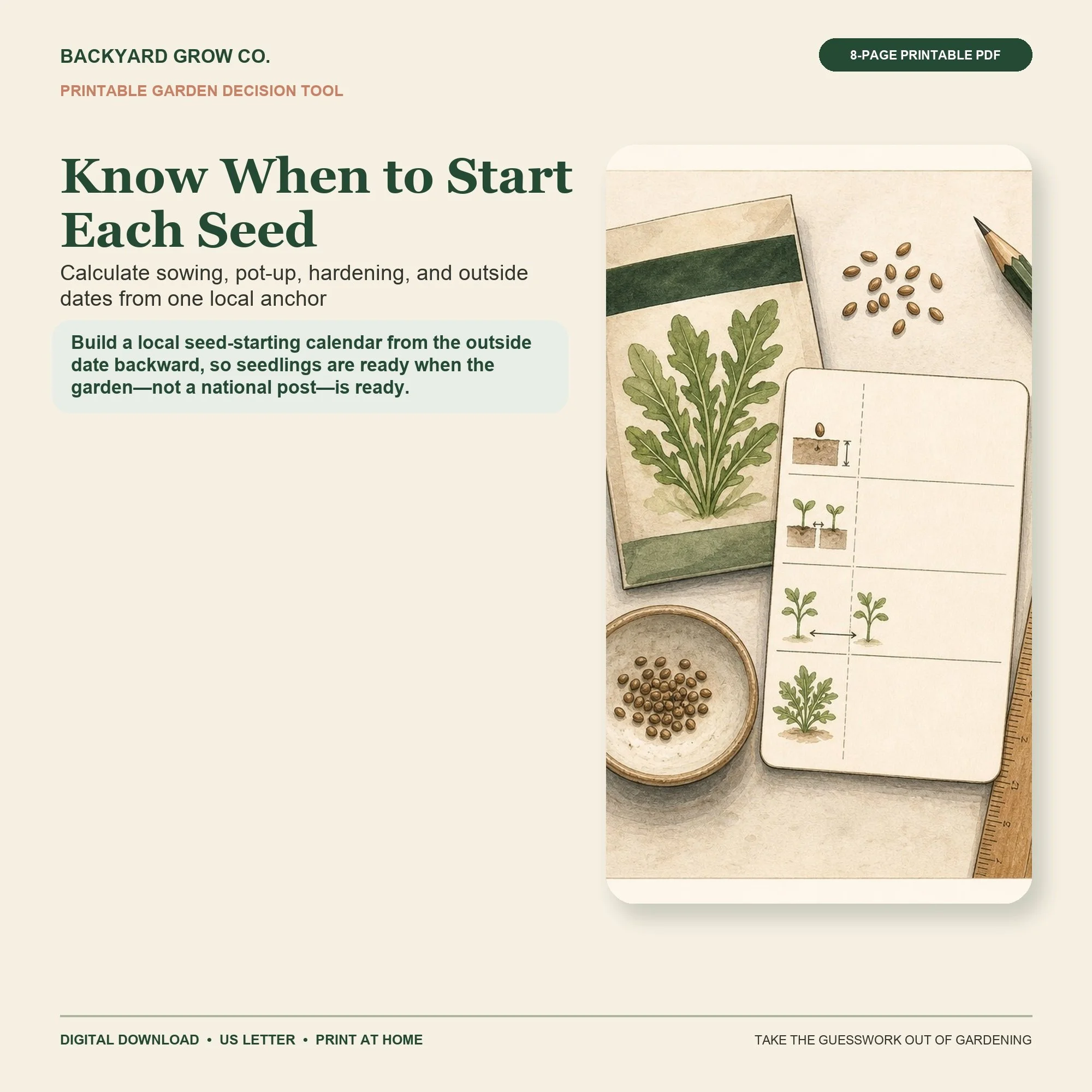 Know When to Start Each Seed printable Quick Tool cover with garden-themed artwork and Backyard Grow Co. branding.