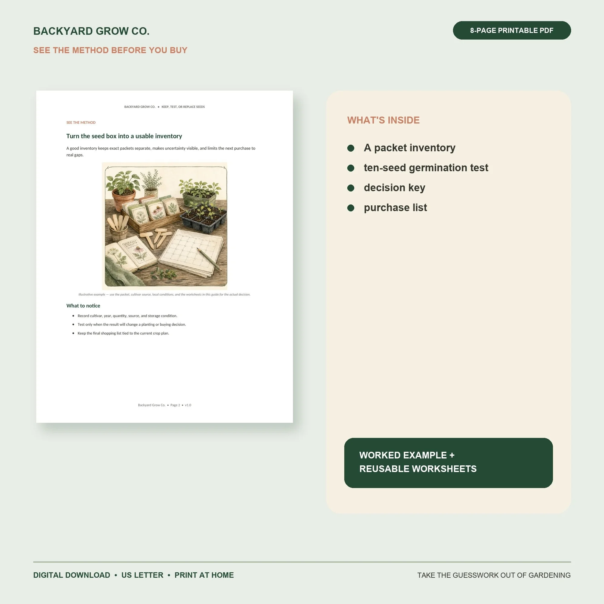 Know Which Seeds to Keep, Test, or Replace interior preview with the method, worked example, and printable worksheet.
