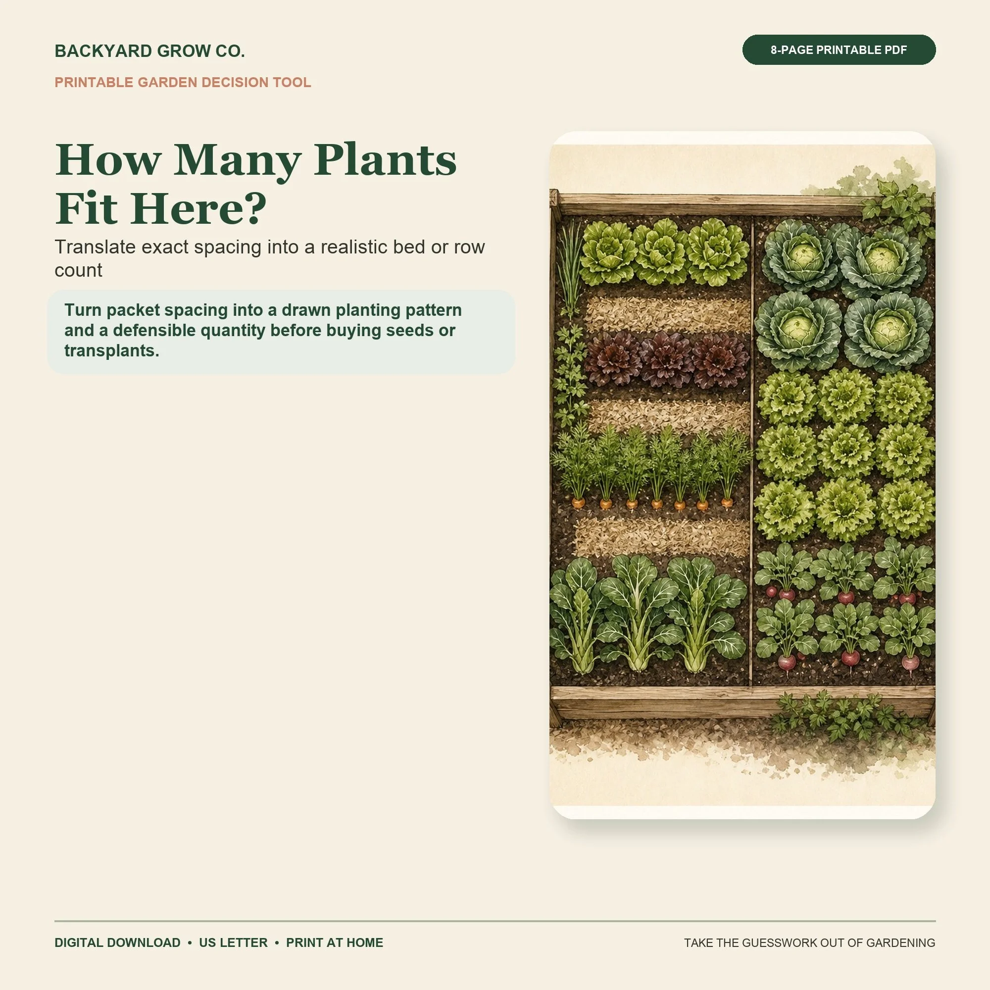 How Many Plants Fit Here? printable Quick Tool cover with garden-themed artwork and Backyard Grow Co. branding.