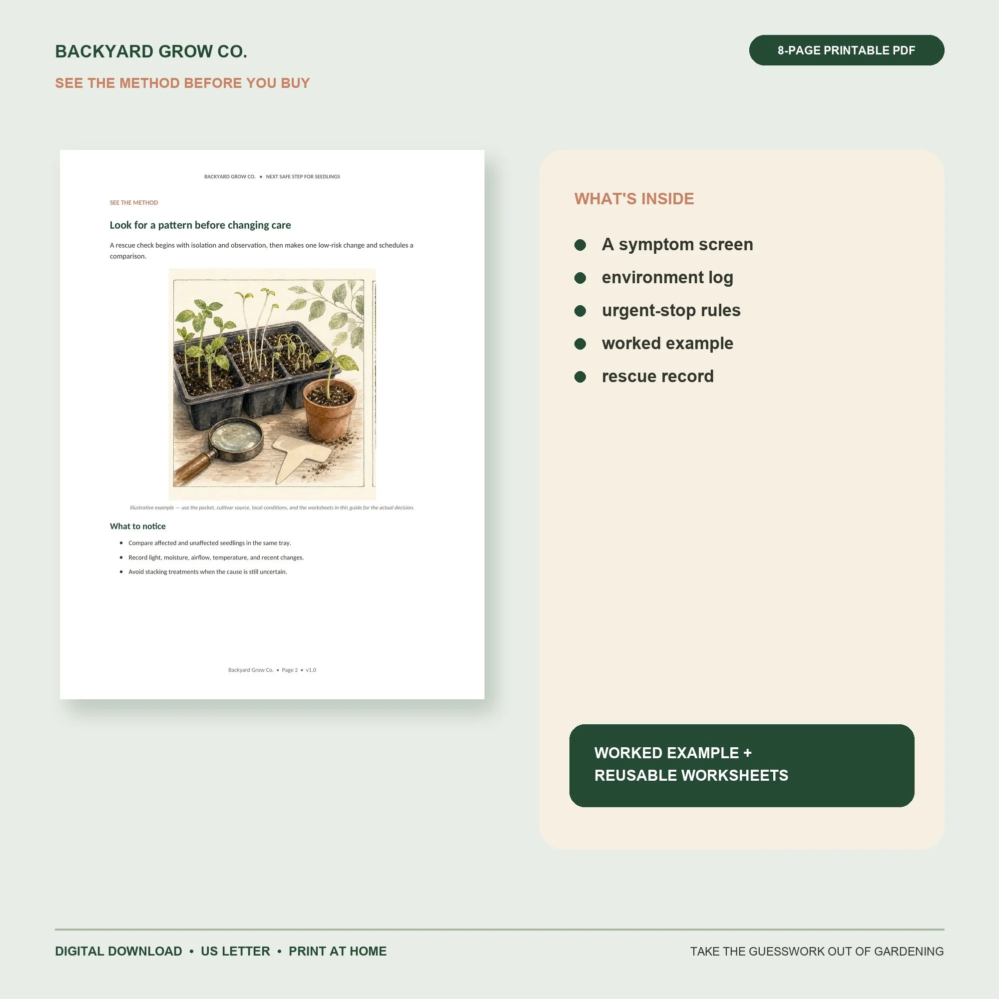 Choose the Next Safe Step for Struggling Seedlings interior preview with the method, worked example, and printable worksheet.