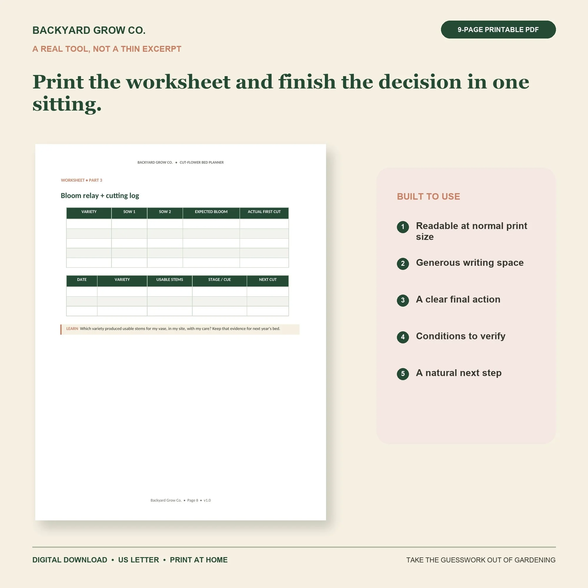 Plan a Cut-Flower Bed That Keeps Blooming close-up of the reusable printable worksheet for recording the garden decision.