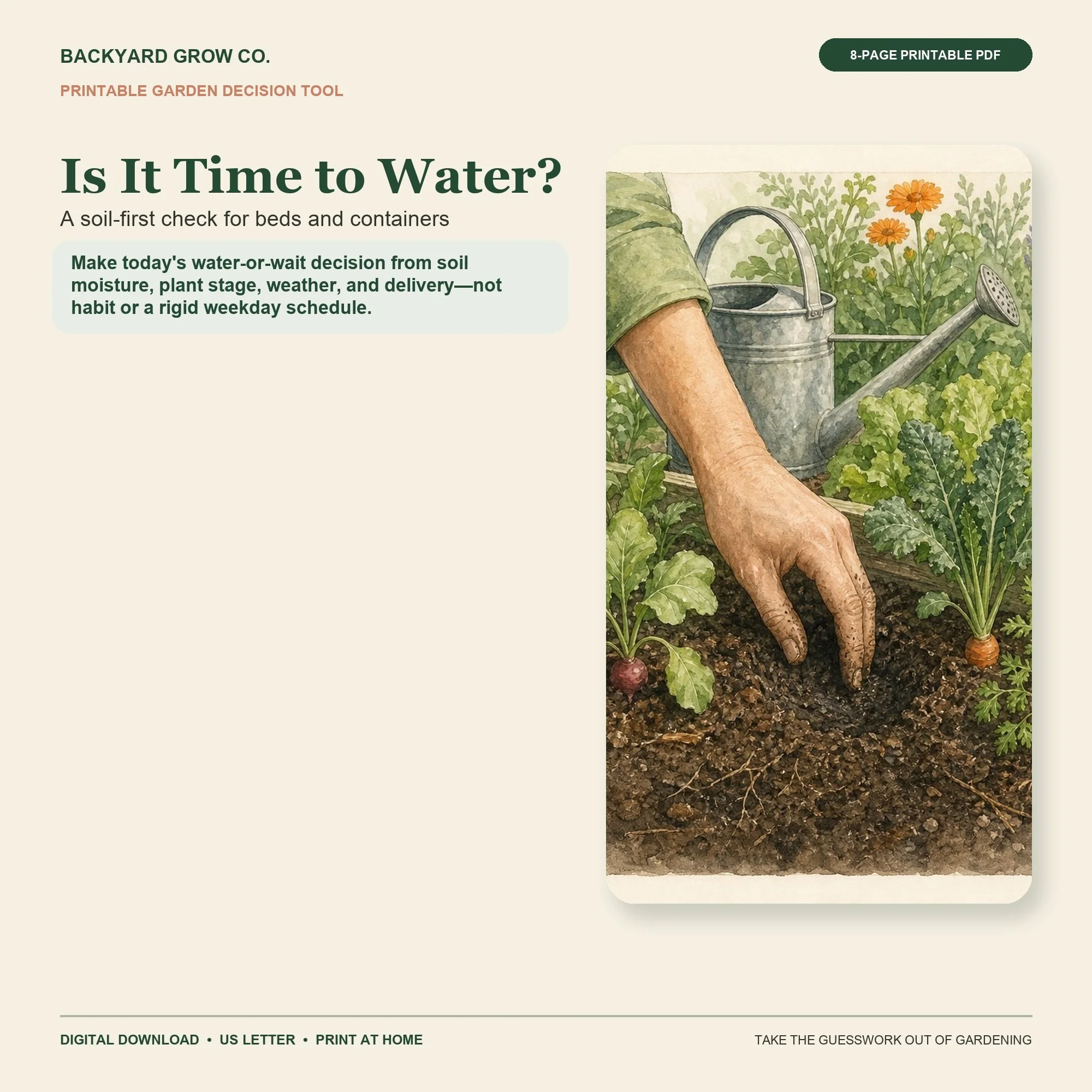 Is It Time to Water? printable Quick Tool cover with garden-themed artwork and Backyard Grow Co. branding.