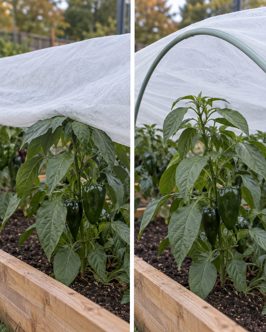 Side-by-side view of breathable row-cover fabric touching a pepper plant and the same fabric held clear by a hoop.