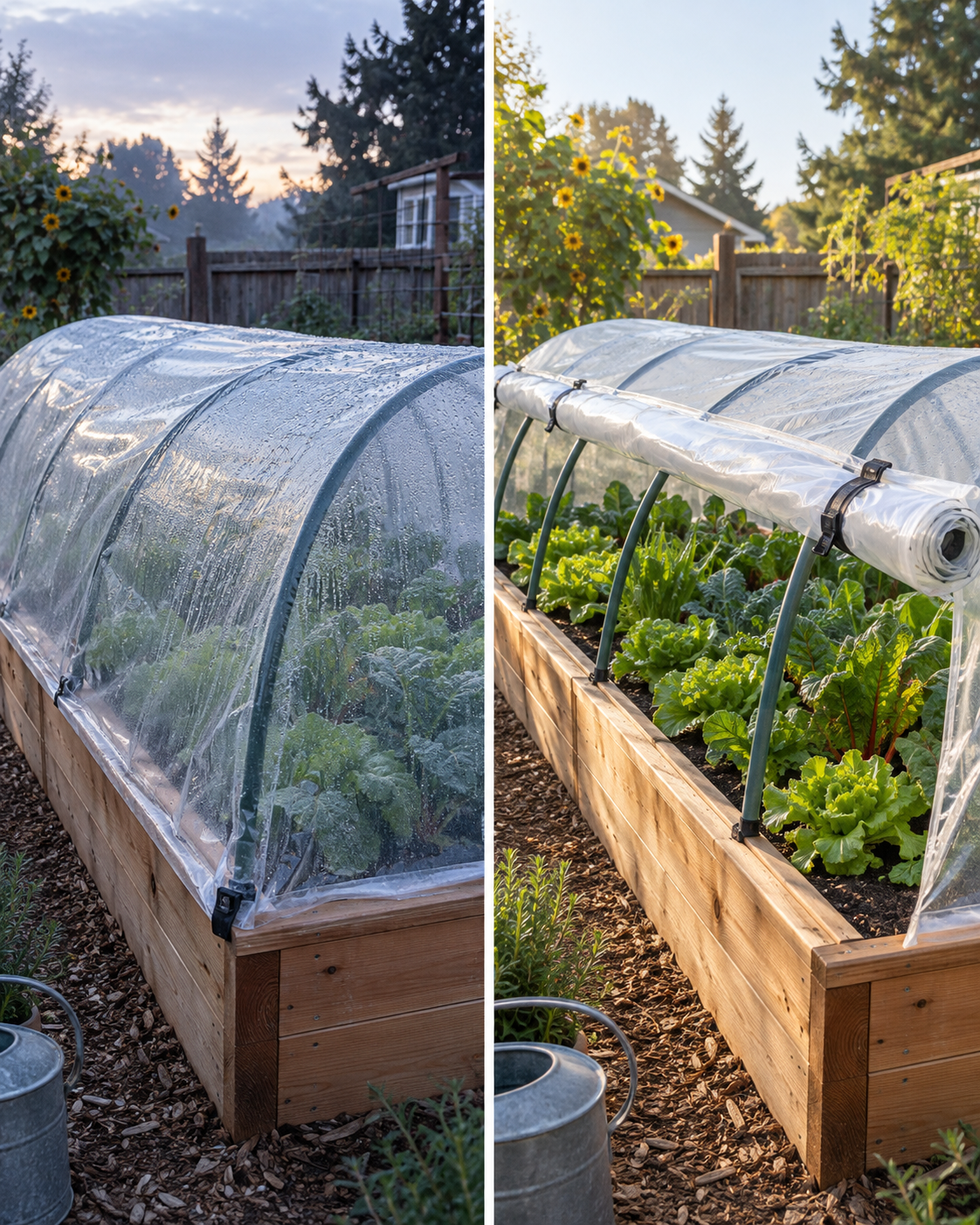 Clear plastic low tunnel closed in early morning and rolled open along one side after sunrise for ventilation.