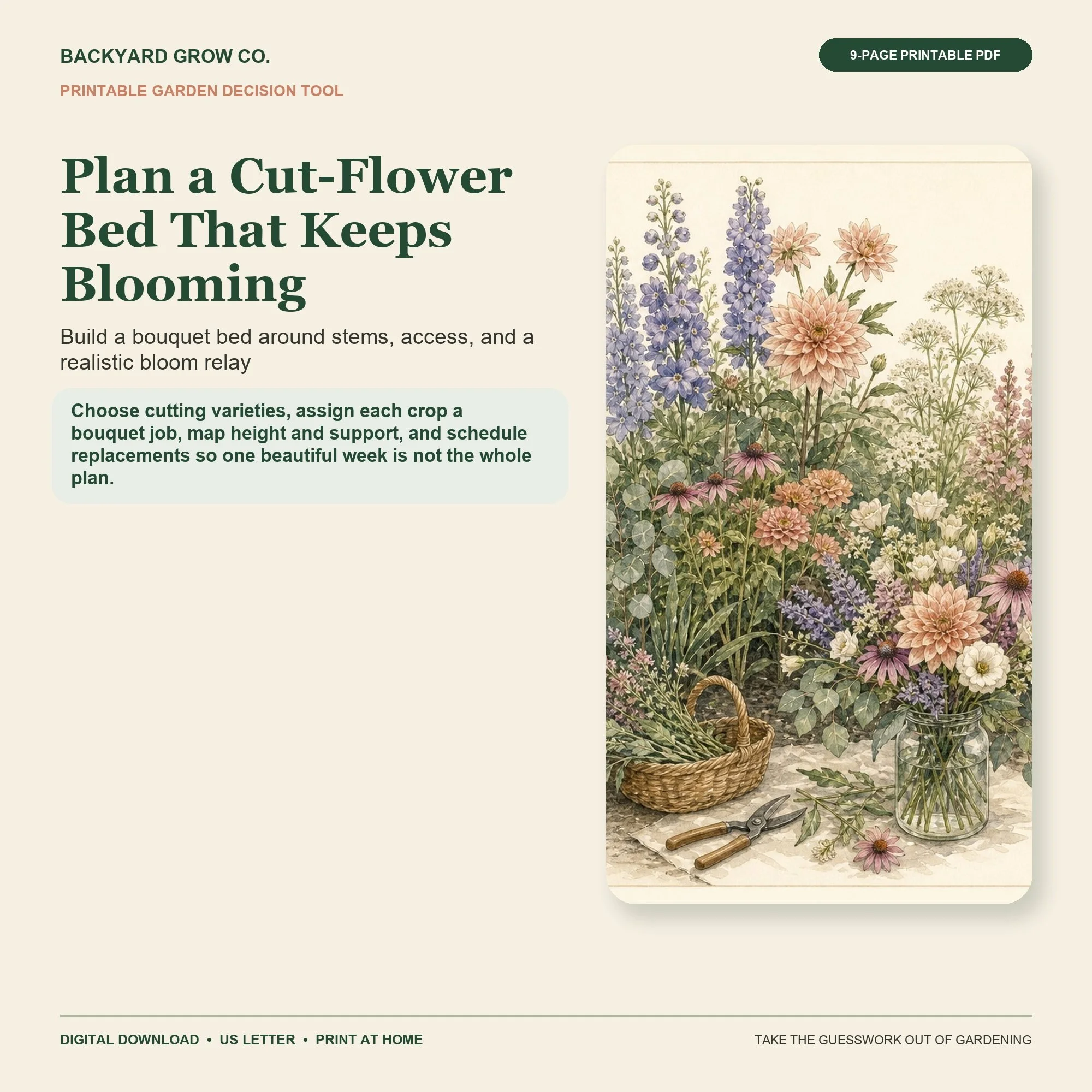 Plan a Cut-Flower Bed That Keeps Blooming printable Quick Tool cover with garden-themed artwork and Backyard Grow Co. branding.
