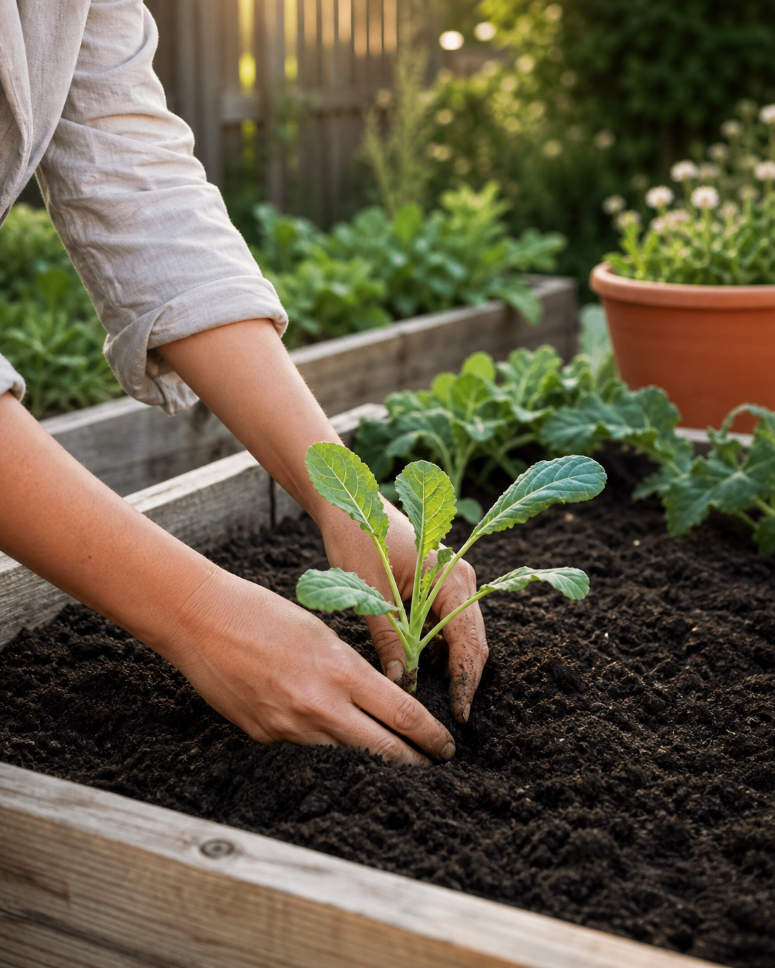 Home gardener planting a young vegetable seedling in a backyard raised bed.