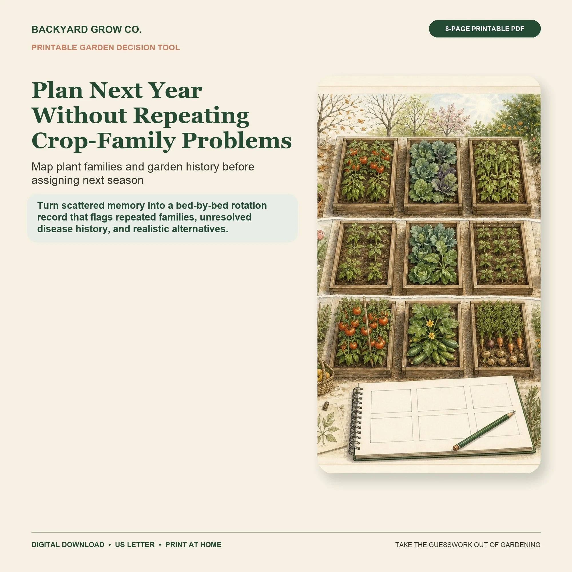 Plan Next Year Without Repeating Crop-Family Problems printable Quick Tool cover with garden-themed artwork and Backyard Grow Co. branding.