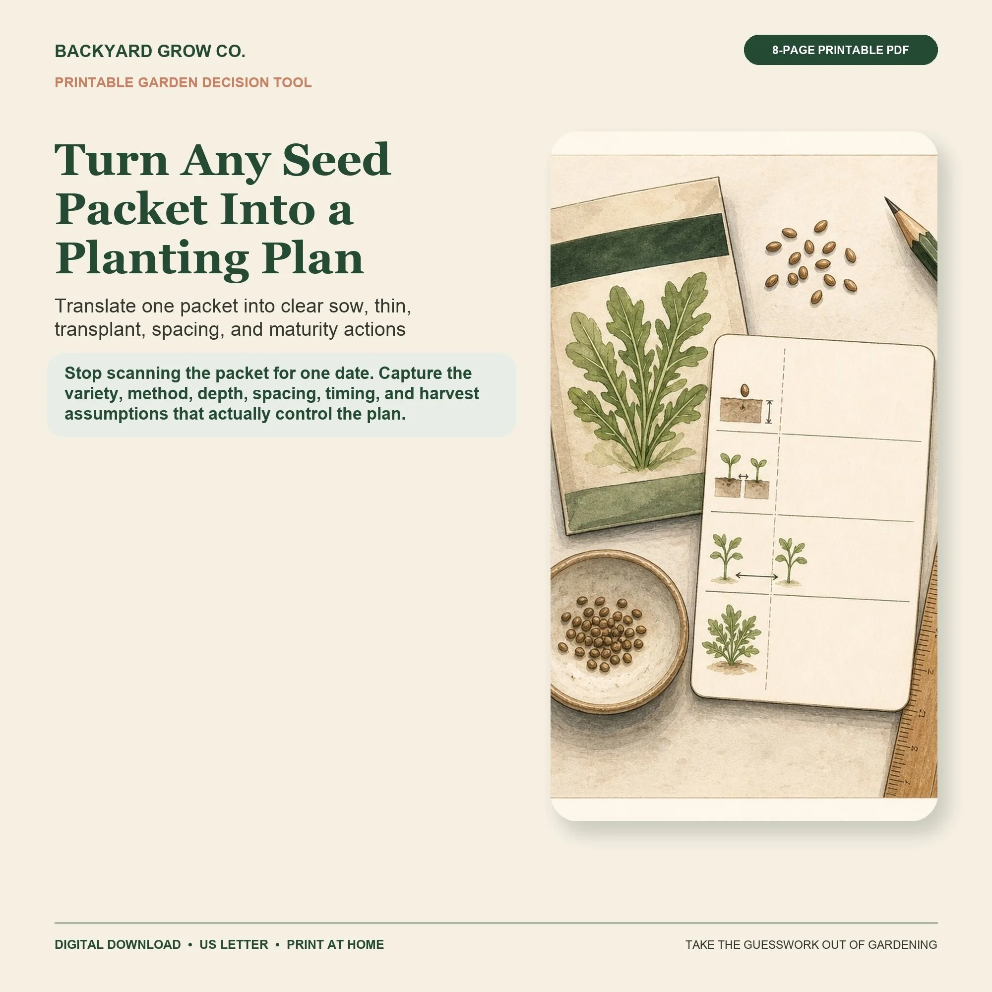 Turn Any Seed Packet Into a Planting Plan printable Quick Tool cover with garden-themed artwork and Backyard Grow Co. branding.