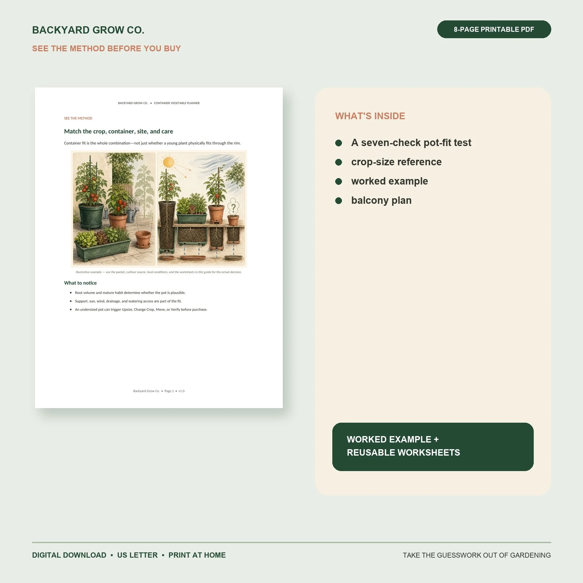 Will It Grow in This Pot? interior preview with the method, worked example, and printable worksheet.