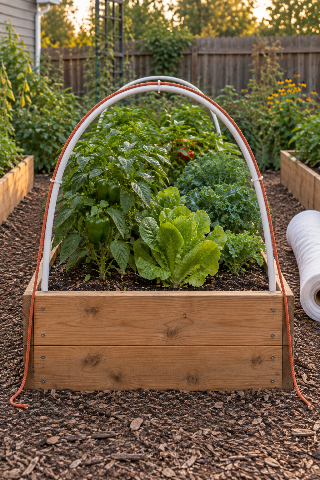 One continuous terracotta measuring cord runs from the ground outside a planted cedar raised bed, over a white hoop, and back to the ground outside the opposite side, with both cord endpoints visible.