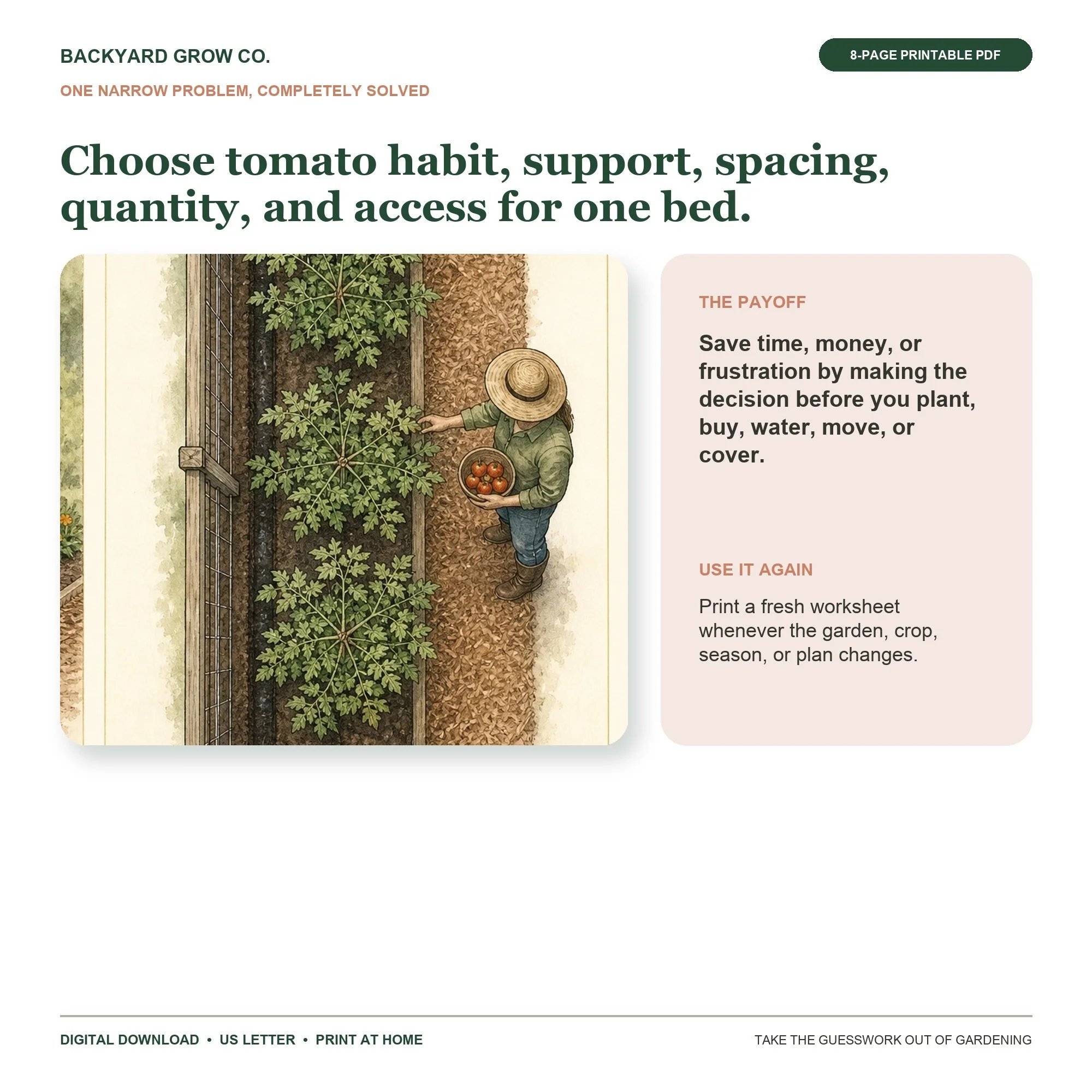 Plan a Tomato Bed That Fits preview showing the main garden decision and the completed result.
