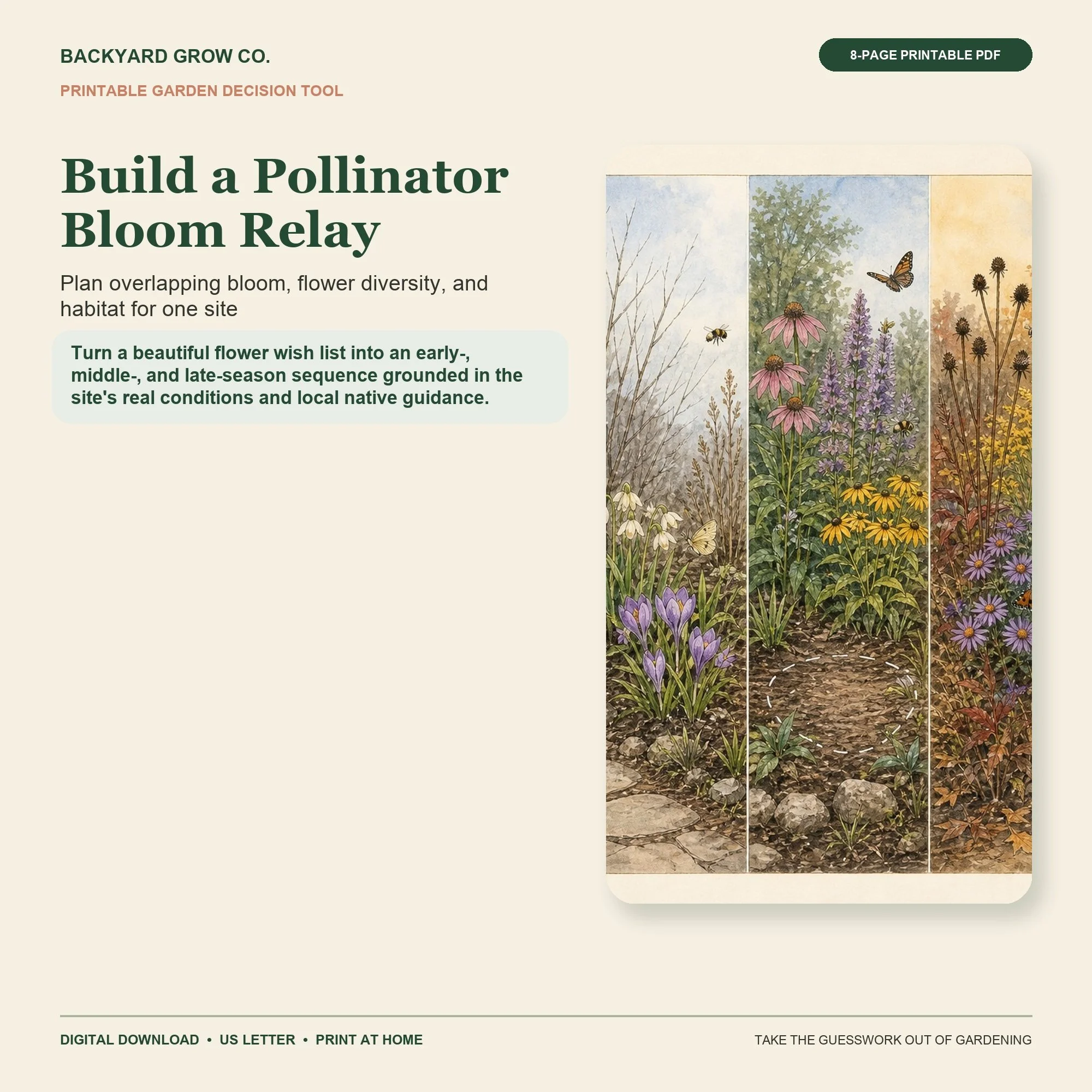 Build a Pollinator Bloom Relay printable Quick Tool cover with garden-themed artwork and Backyard Grow Co. branding.