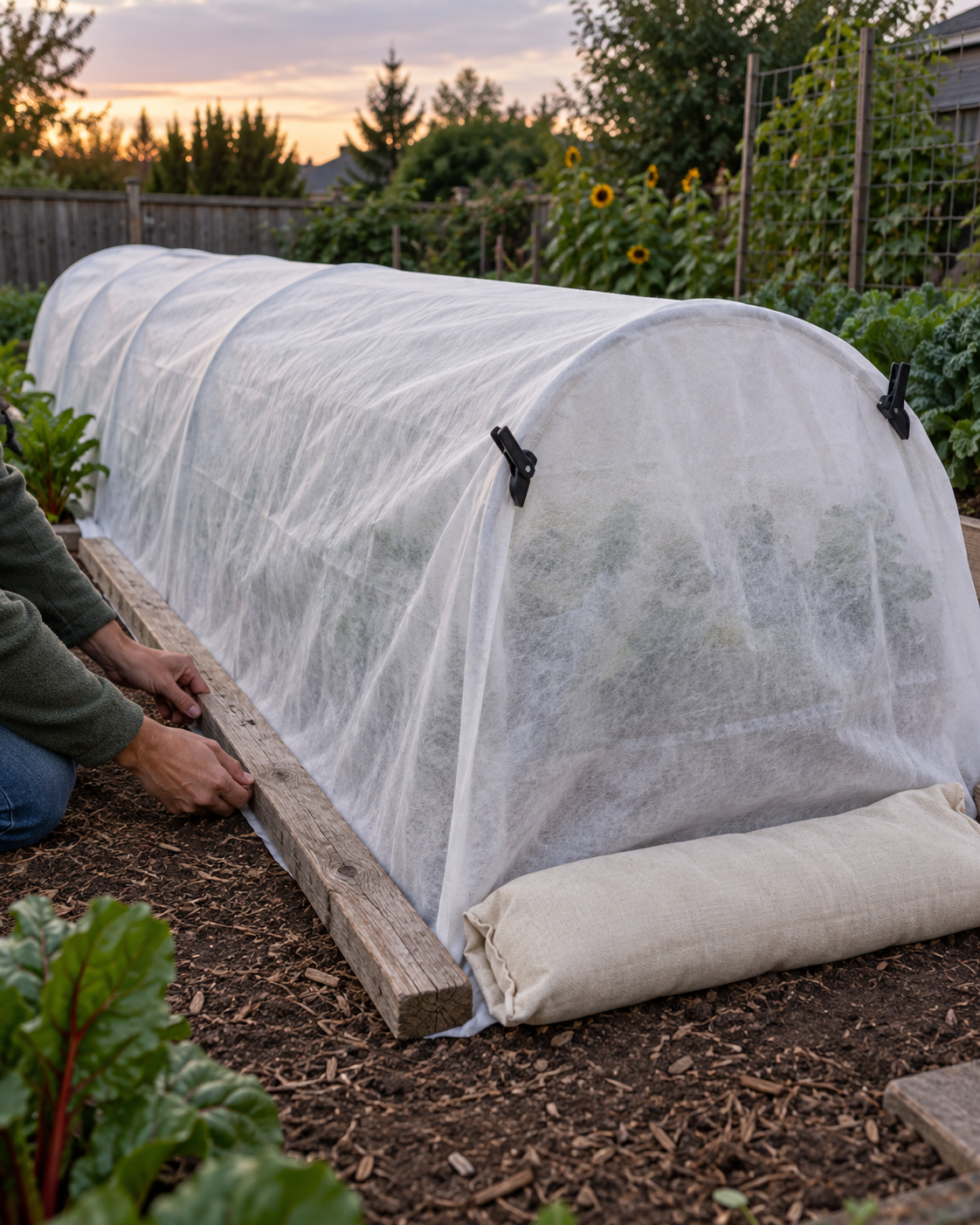 Breathable row cover secured at ground level with a wooden board, sandbag, and hoop clips.