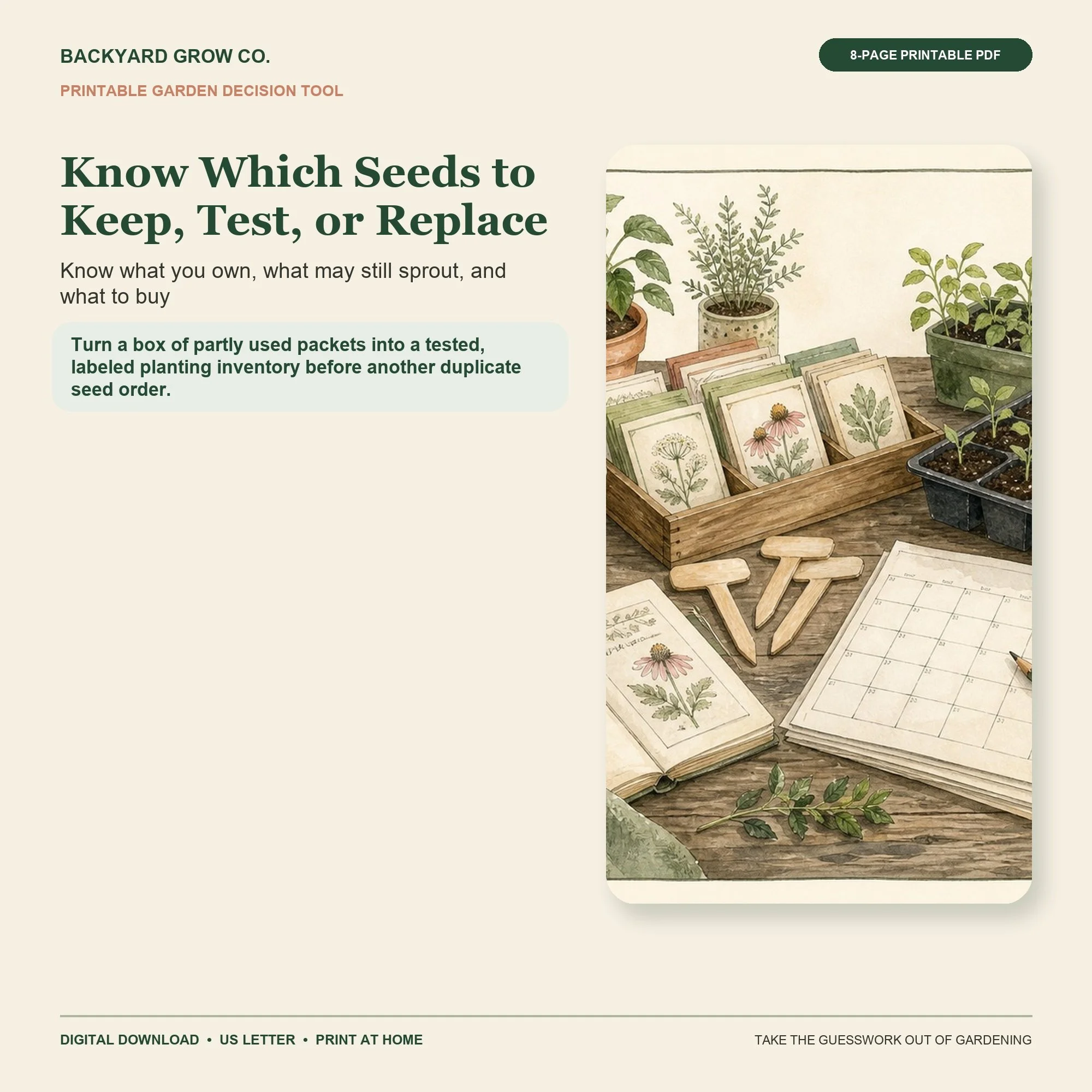 Know Which Seeds to Keep, Test, or Replace printable Quick Tool cover with garden-themed artwork and Backyard Grow Co. branding.