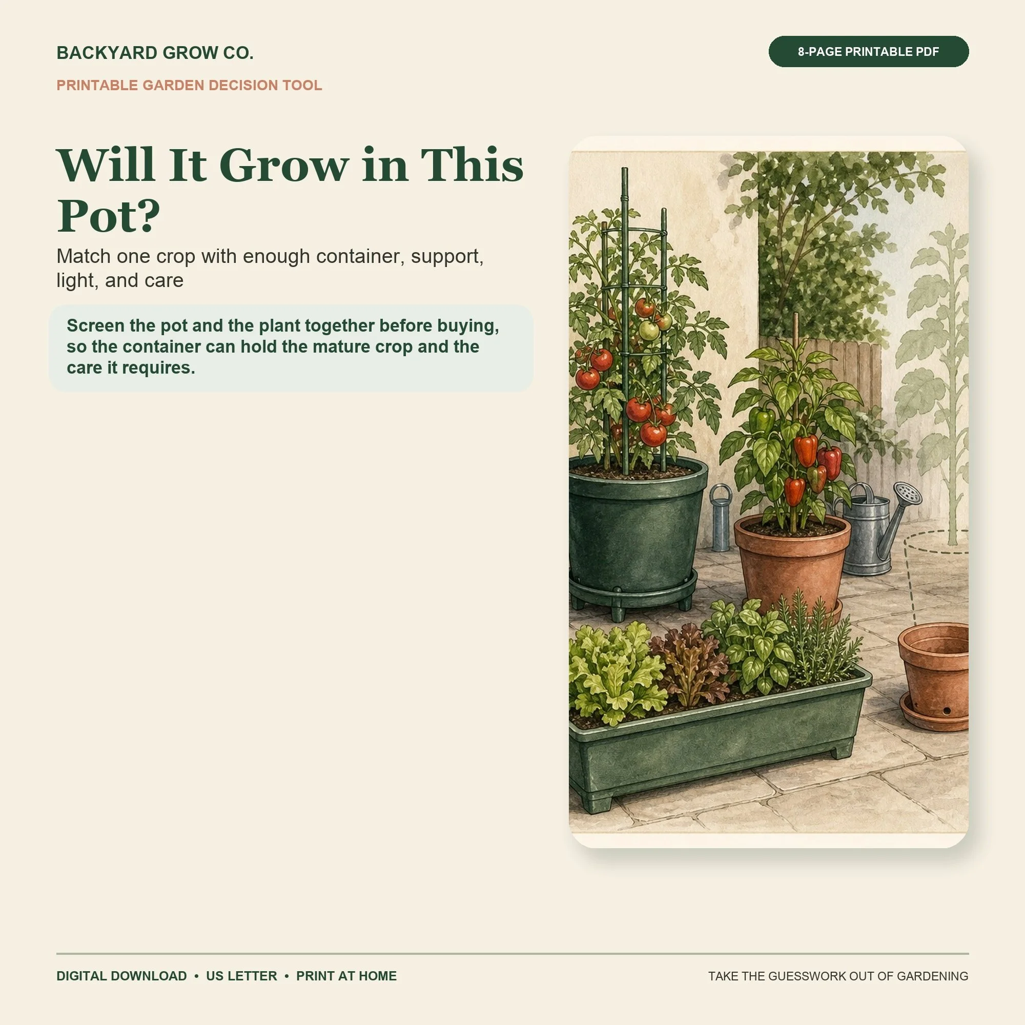 Will It Grow in This Pot? printable Quick Tool cover with garden-themed artwork and Backyard Grow Co. branding.