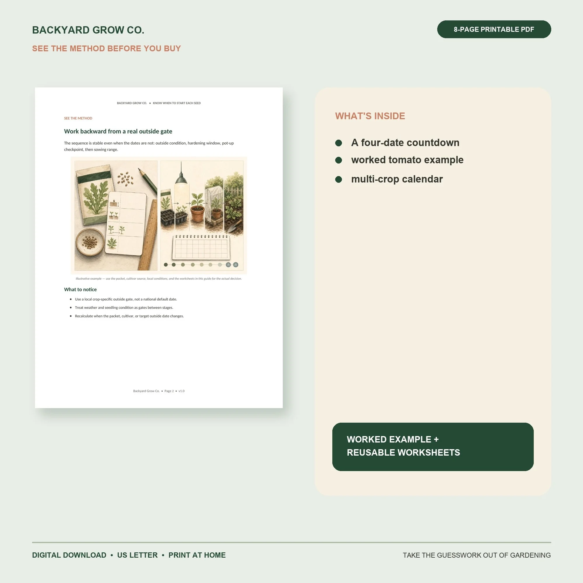 Know When to Start Each Seed interior preview with the method, worked example, and printable worksheet.