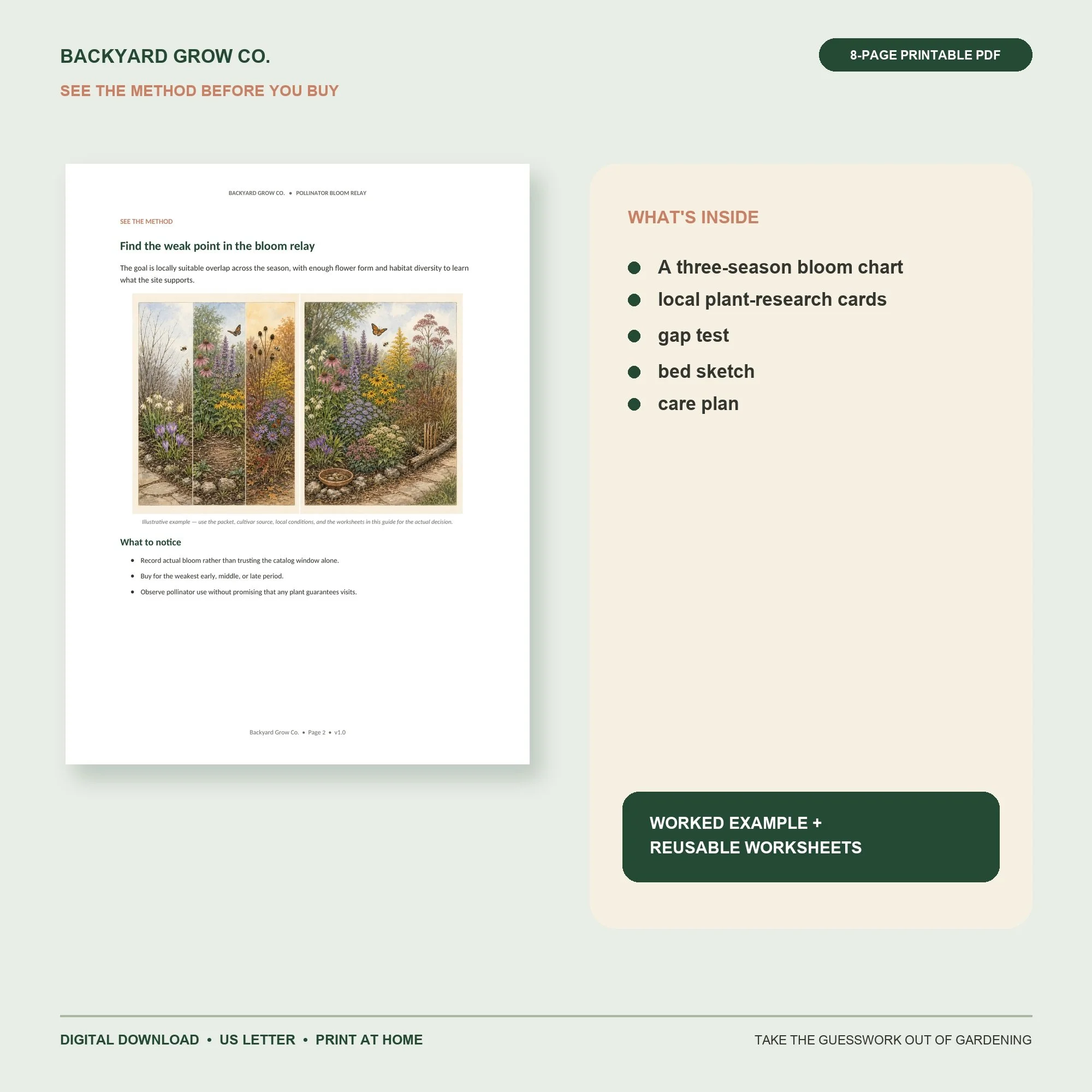 Build a Pollinator Bloom Relay interior preview with the method, worked example, and printable worksheet.