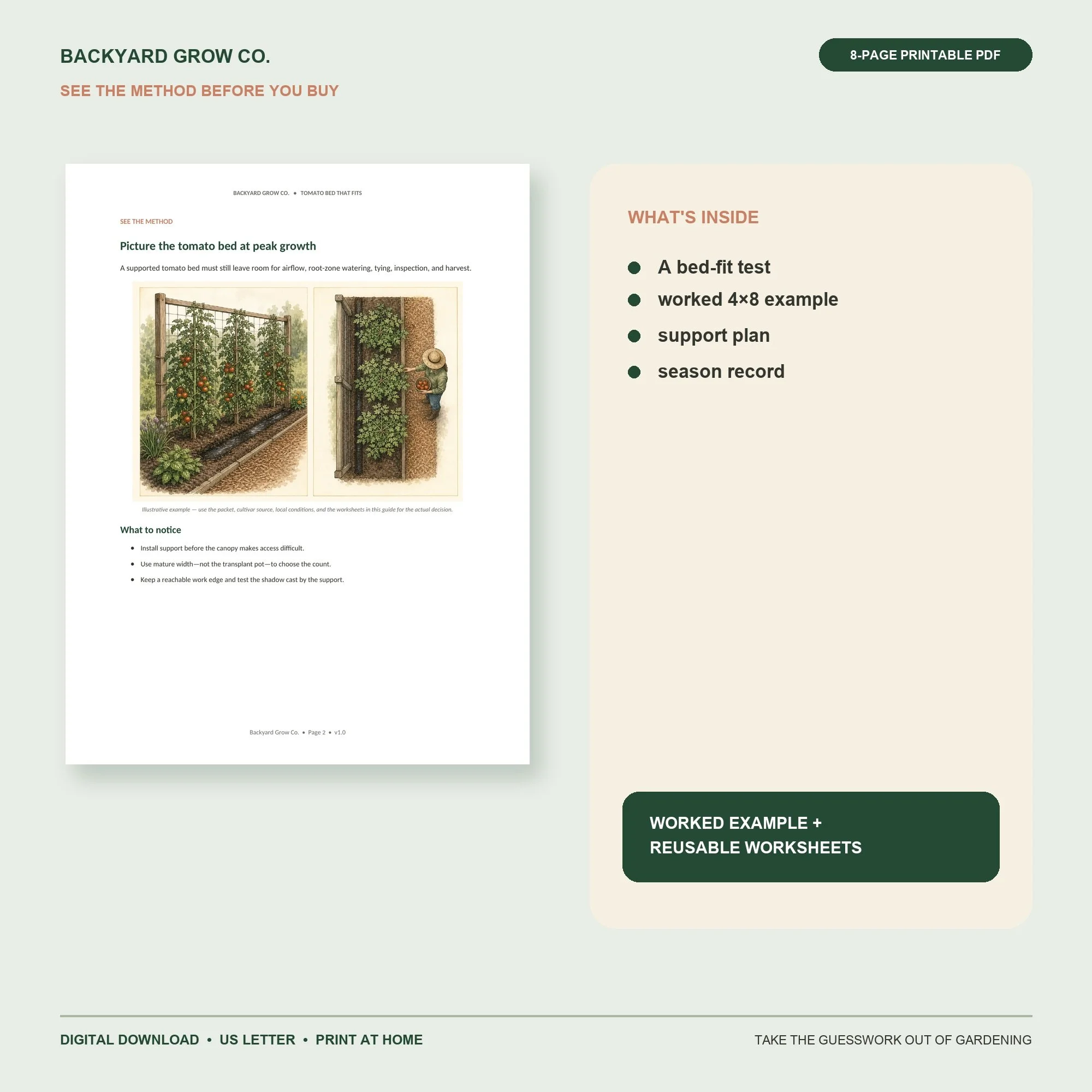 Plan a Tomato Bed That Fits interior preview with the method, worked example, and printable worksheet.