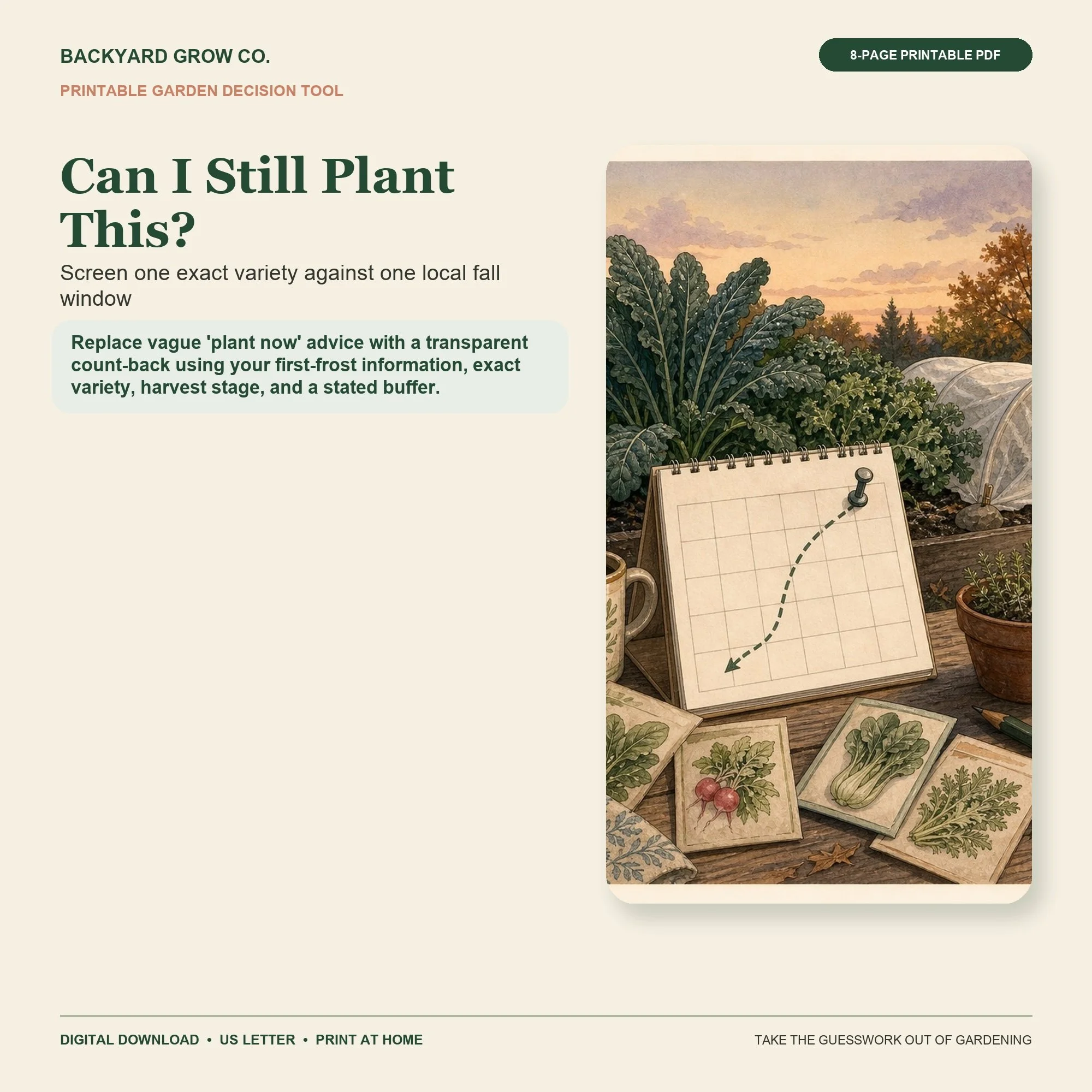 Can I Still Plant This? printable Quick Tool cover with garden-themed artwork and Backyard Grow Co. branding.