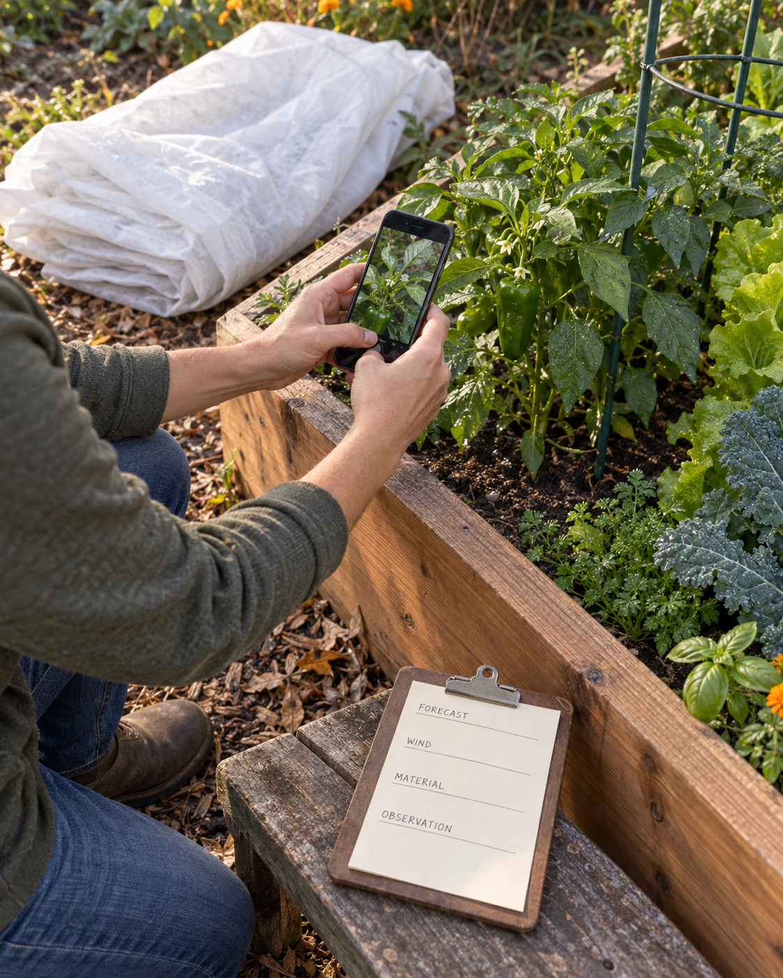 Gardener photographs a pepper plant after uncovering it and records forecast, wind, material, and observations.