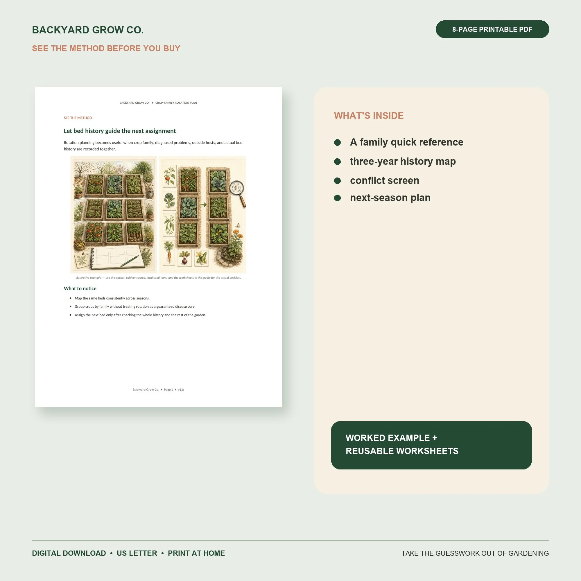 Plan Next Year Without Repeating Crop-Family Problems interior preview with the method, worked example, and printable worksheet.