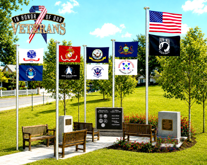 Memorial honoring veterans with flags, benches, and plaques in a park setting.