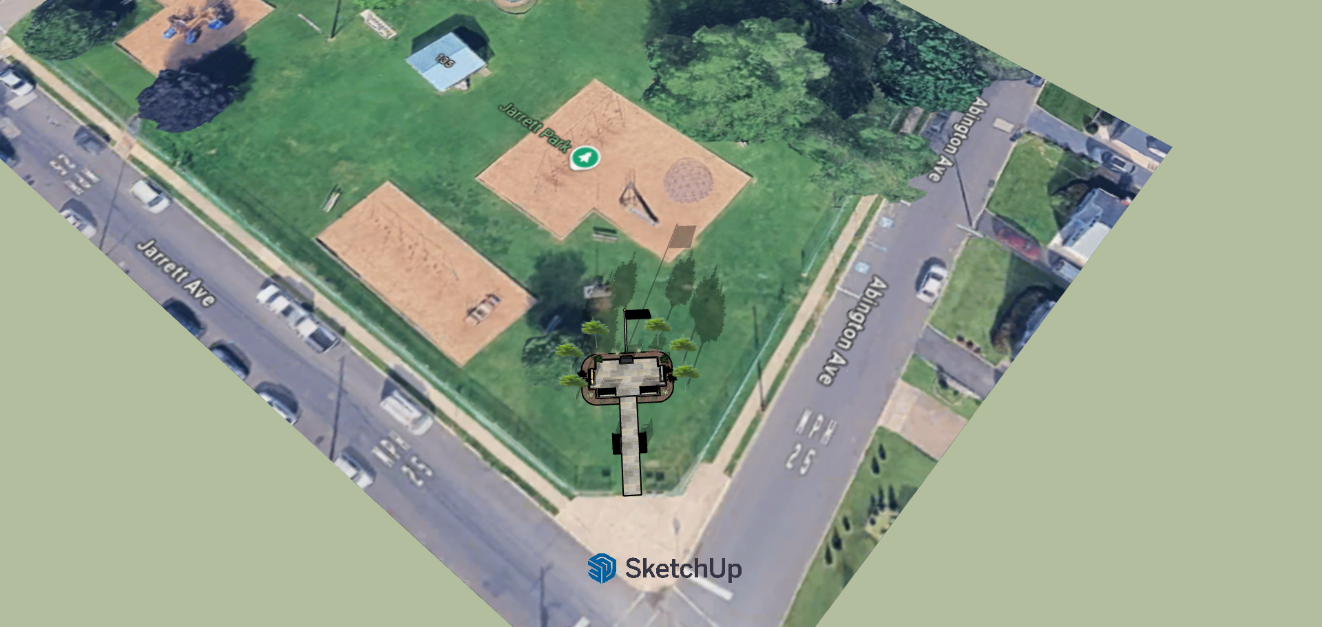 Aerial view of Jarret Park with playground, tennis court, and parking lots on Jarret Ave and Albion Ave, with trees and surrounding residential buildings.