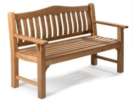 Wooden outdoor bench with armrests and slatted seat and backrest