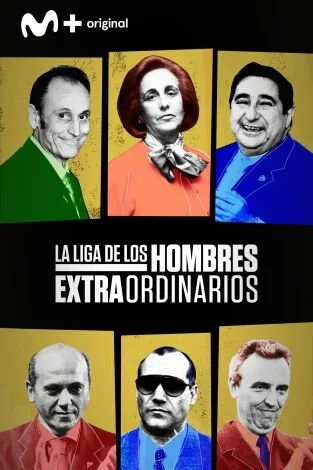 Ilustraciones de seis personajes masculinos y una mujer en estilo caricatura, con fondo de colores vivos, y texto que dice 'La Liga de los Hombres Extraordinarios'.