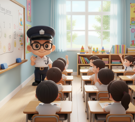 Cartoon police officer teaching children in a classroom with desks, bookshelves, and colorful decorations.