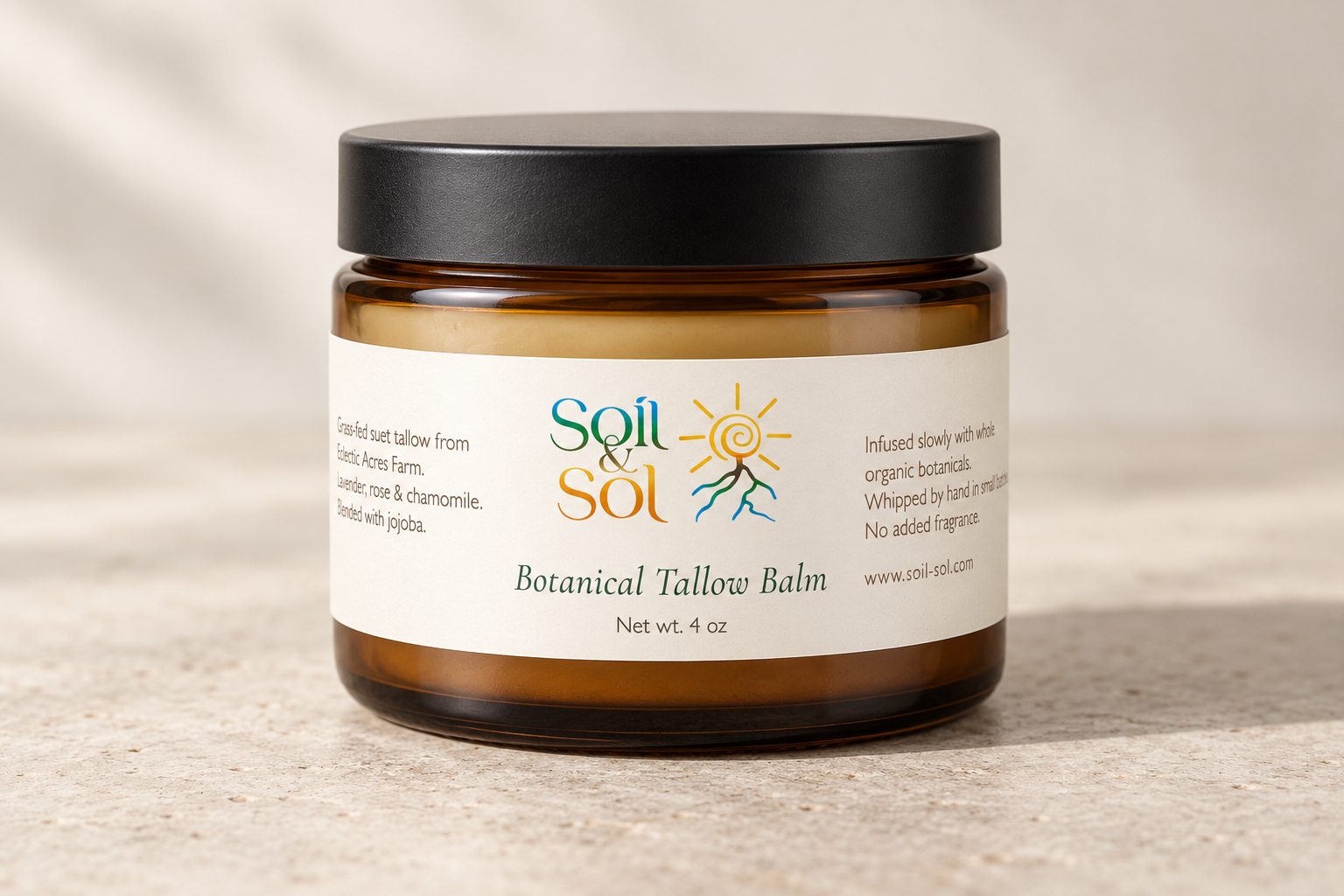 Packaging mockup of Soil & Sol Botanical Tallow Balm in an amber jar with a cream label and black lid.