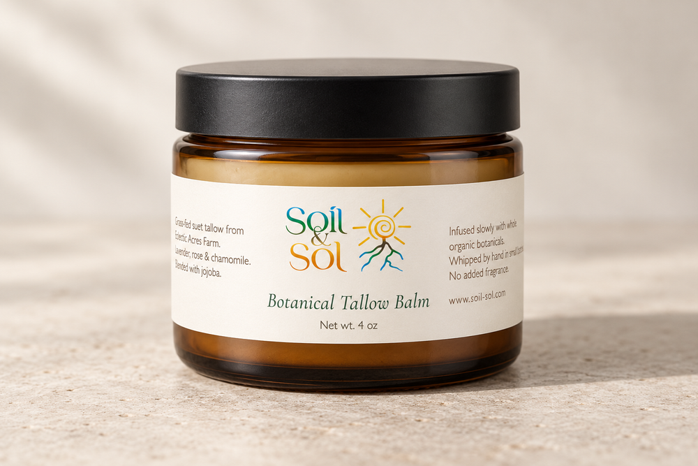 Packaging mockup of Soil & Sol Botanical Tallow Balm in an amber jar with a cream label and black lid.
