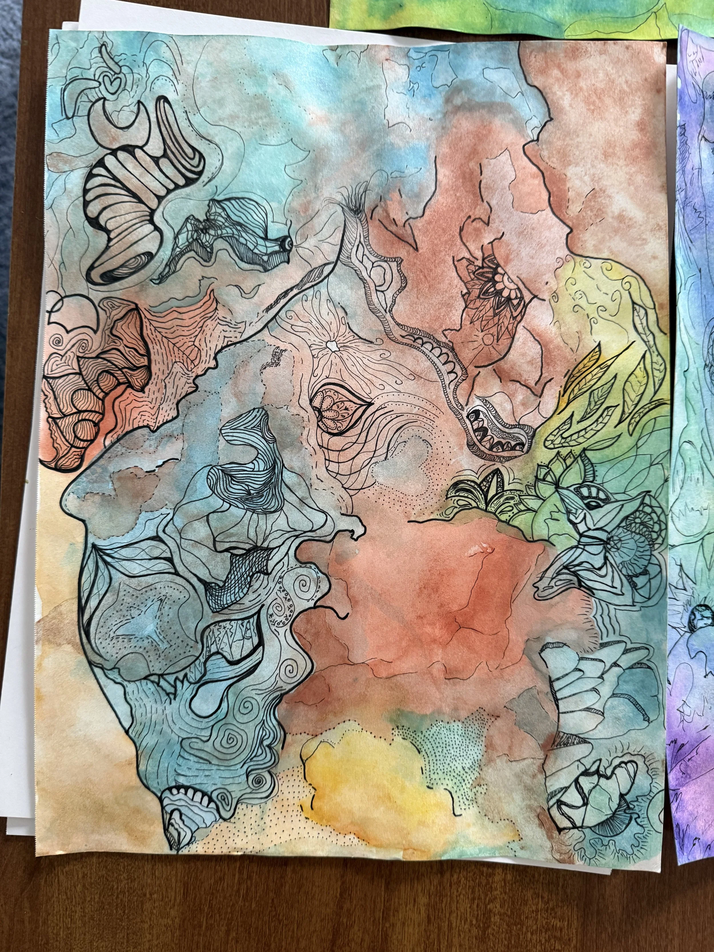 Watercolor washes with hand-drawn organic shapes and fine black outlines.