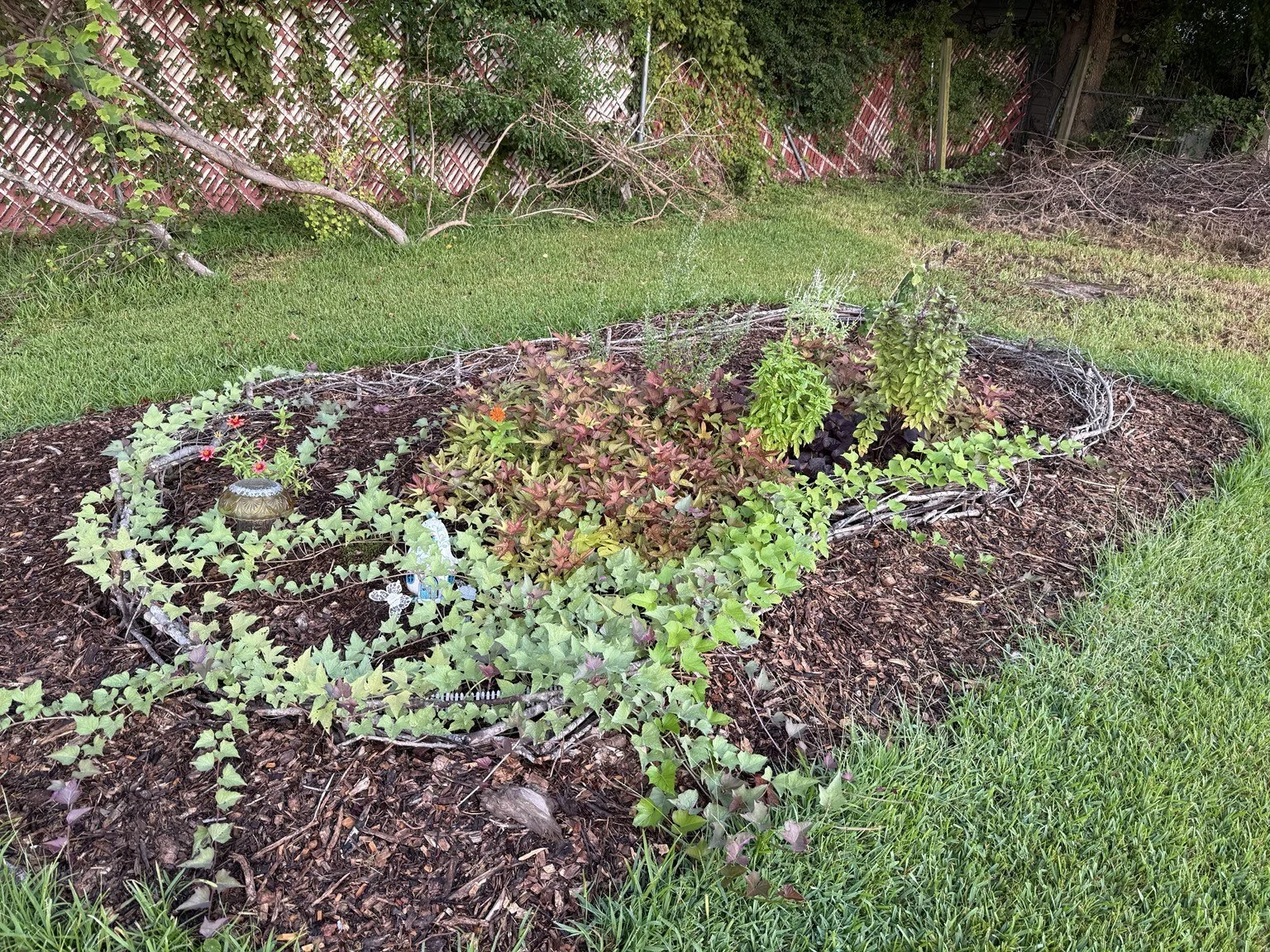 A planted wildlife habitat with a woven branch border.