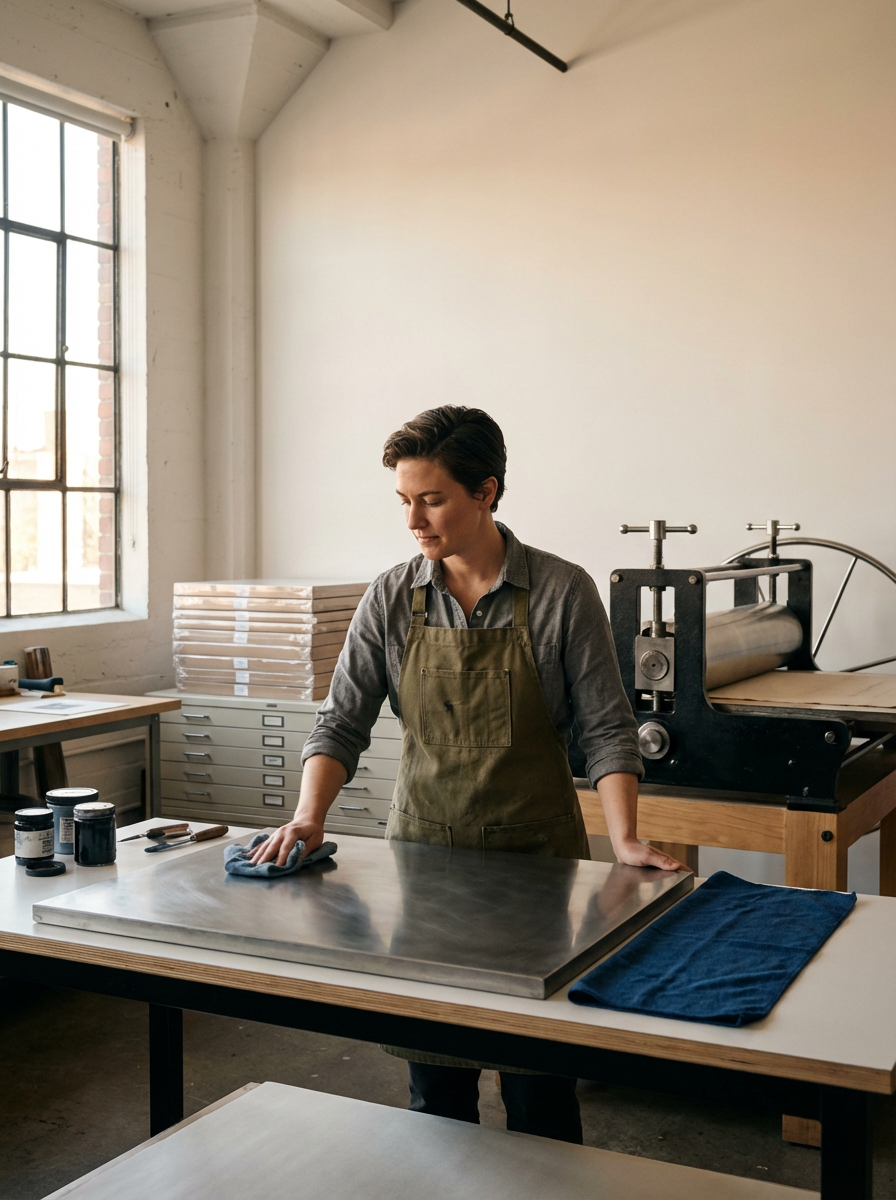 Woman cleaning a metal surface in a workshop with industrial equipment and sunlight coming through a large window.