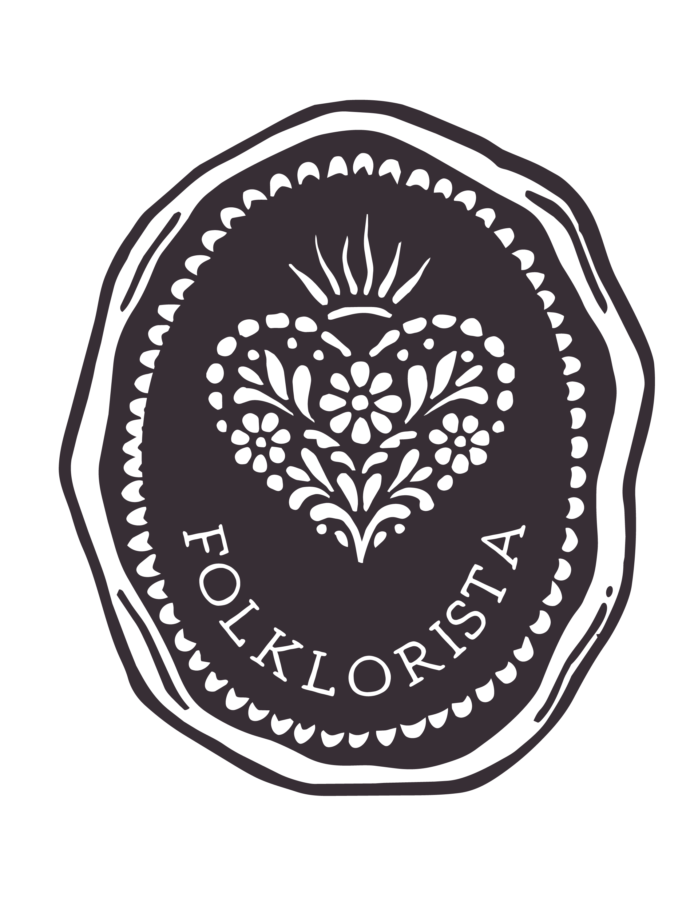 Stamp style logo mark featuring a mexican folk heart and the words FOLKLORISTA