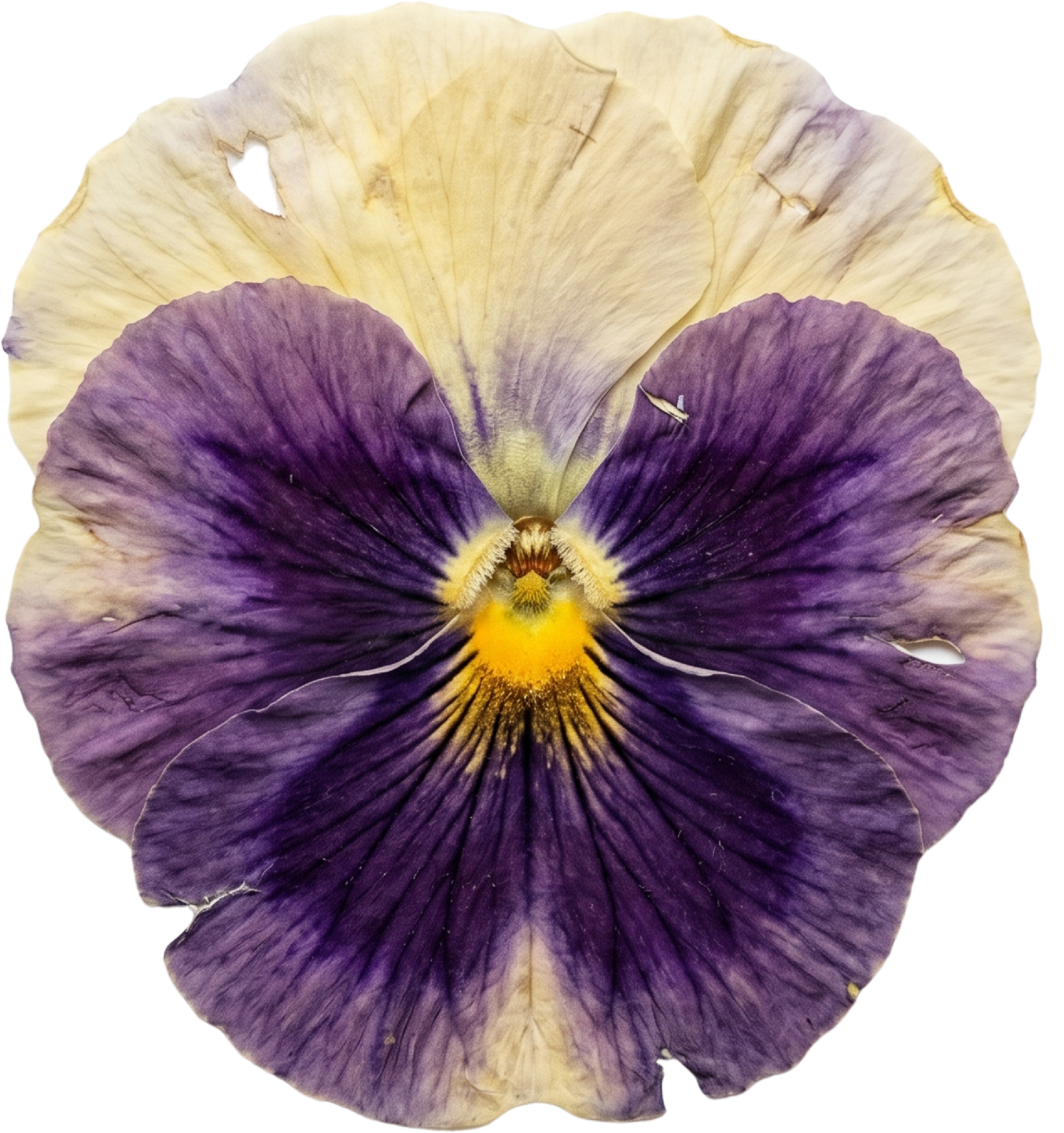 Close-up of a pansy flower with cream, purple, and yellow petals.