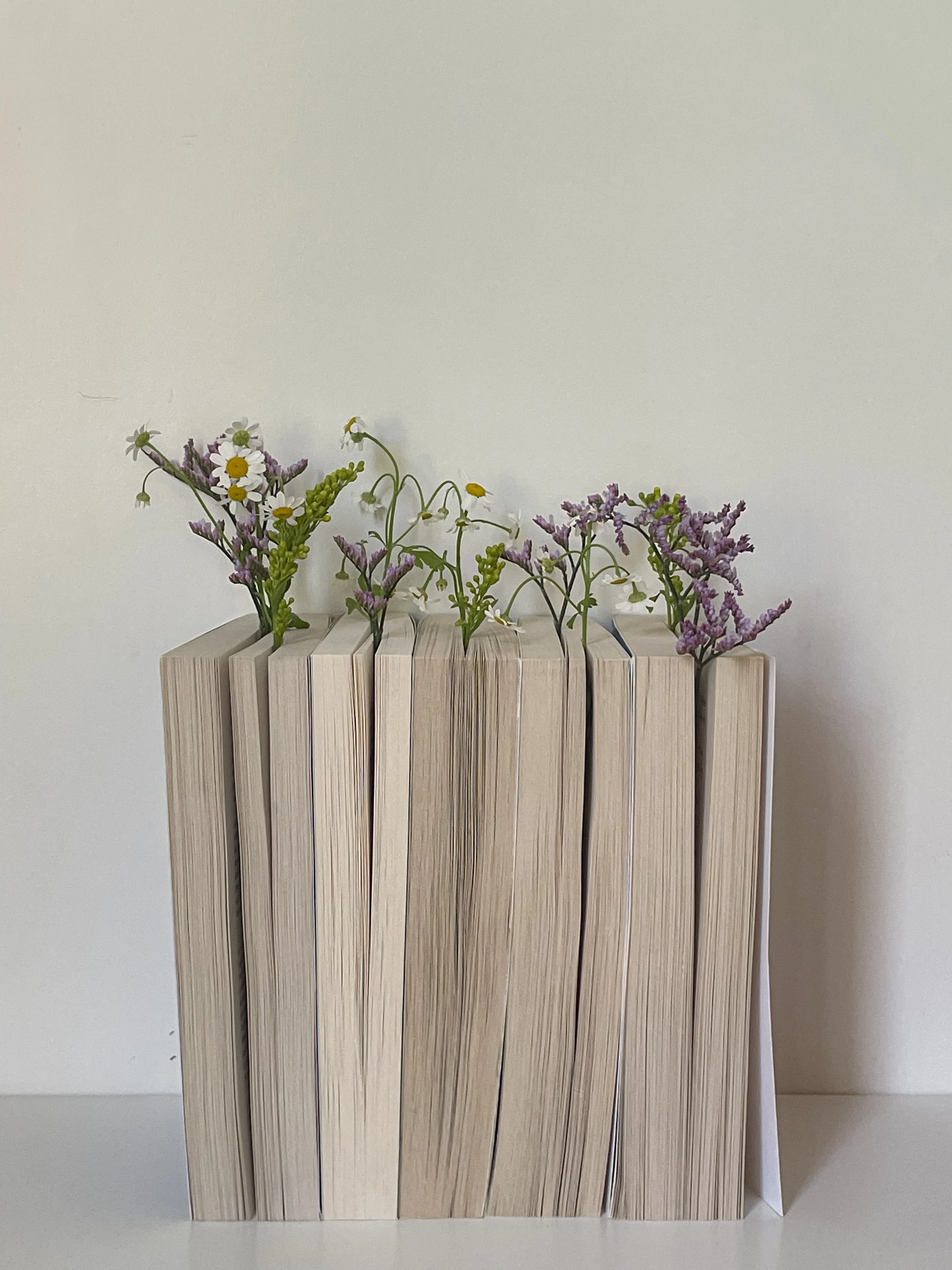 A horizontal stack of bood ends, holding small wild flowers, including daisies and purple lavender, placed against a plain white wall.