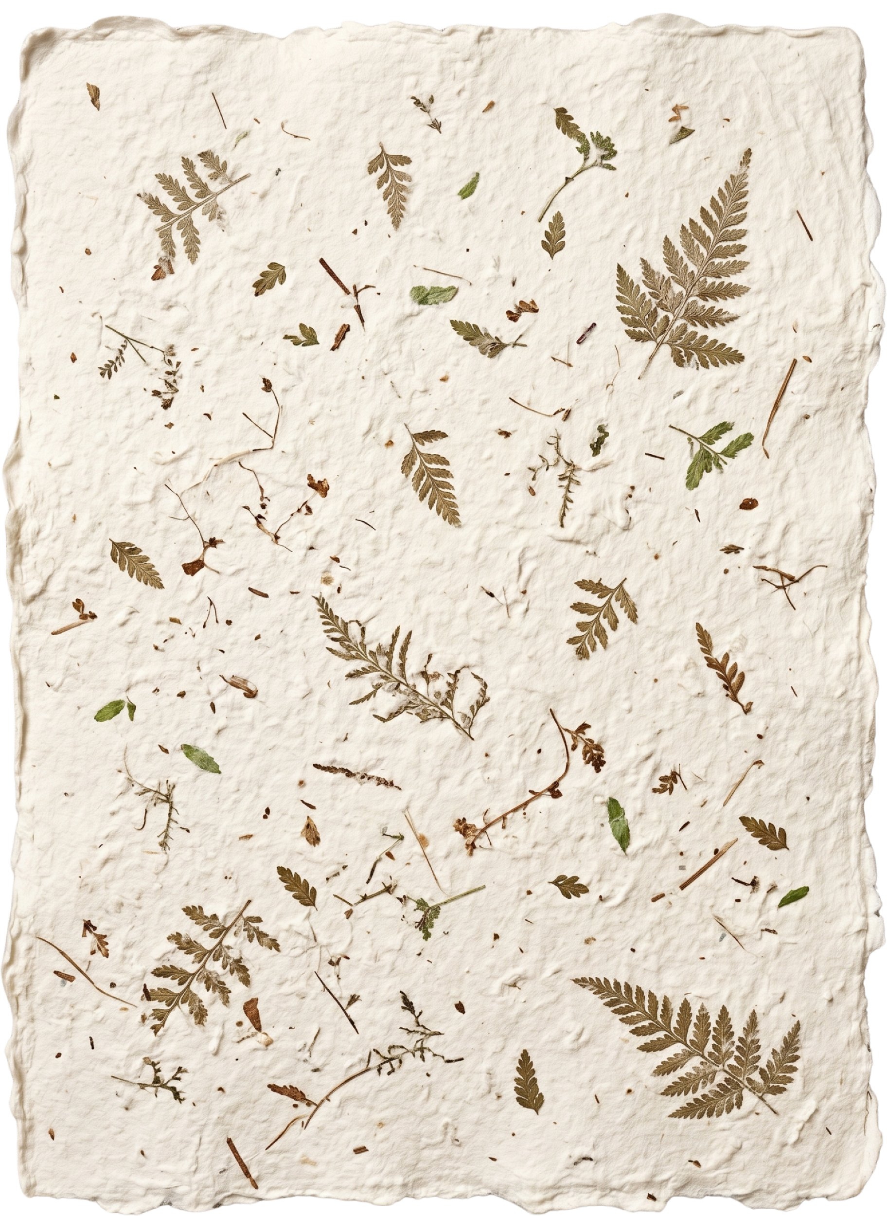 A textured sheet of handmade paper with pressed leaves and small plant fragments scattered across its surface.