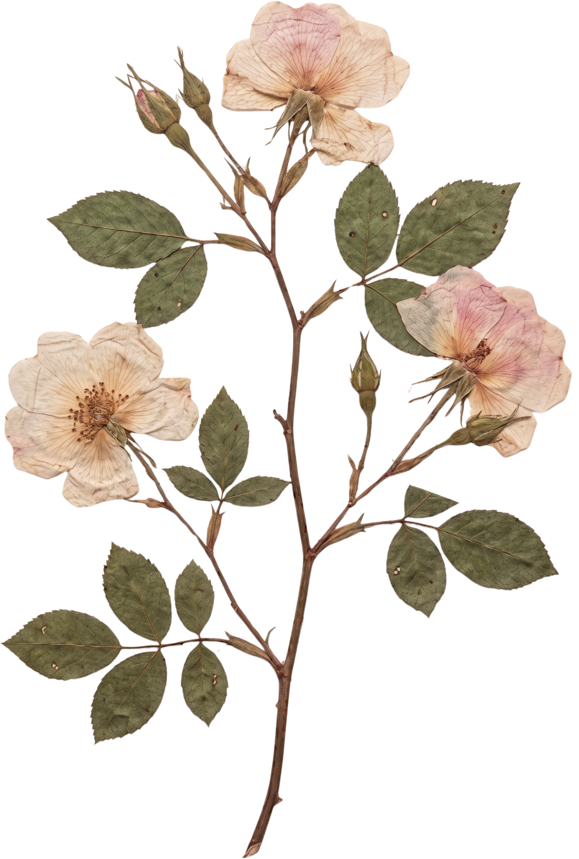 A dried, pale-colored flower with five petals and a cluster of stamens in the center, attached to a branch with multiple green leaves and small buds. A brand asset for Tennessee bouquet bar rental service for events.