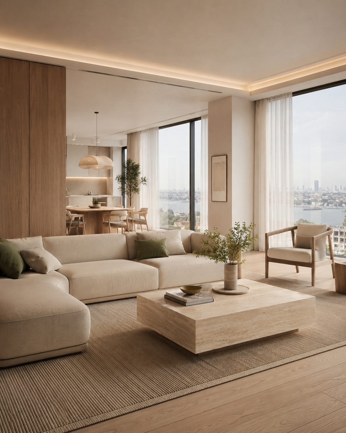 Modern living room with neutral-toned sofa, armchair, and large windows overlooking a cityscape and river, decorated with green plants and minimalist art.