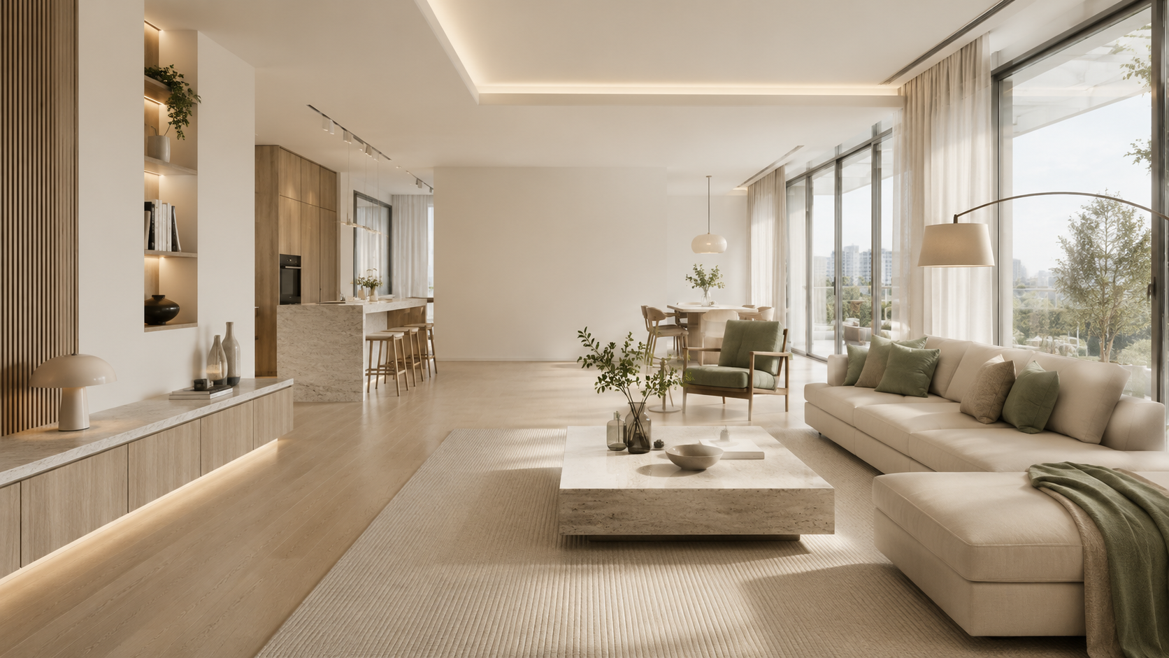 Bright living room with large windows, white sofa with green pillows, green armchair, marble coffee table with plants and bowls, dining area with round table and chairs, open kitchen with marble island and bar stools, cozy lighting, and wooden accents.