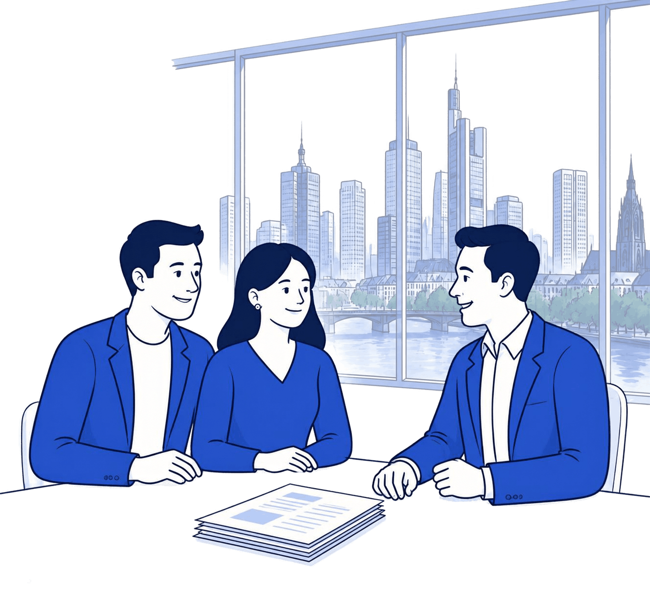 Three professionals, two men and one woman, conversing at a table with documents in front of large windows showing a city skyline with tall buildings and a river.