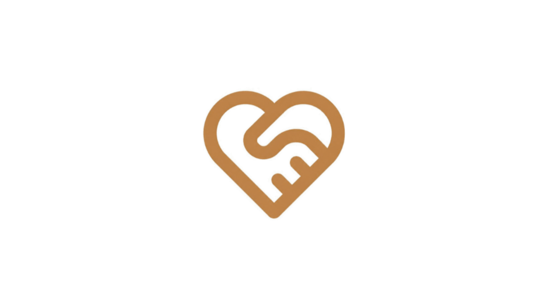 A stylized logo with a brown outline of two hands shaking inside a heart shape.