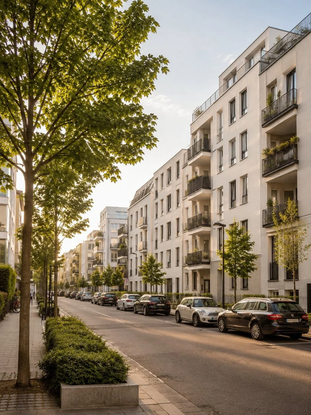 Residential street in Munich Schwabing with modern apartment buildings, green trees and urban surroundings
