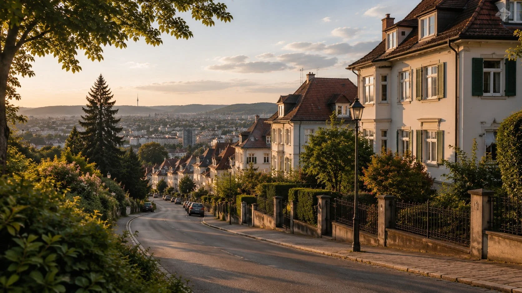 Residential neighborhood in Stuttgart Degerloch with homes, greenery and city views at sunset