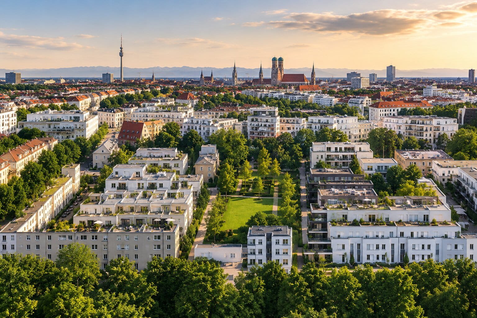 Residential area in Munich Schwabing with apartment buildings, green spaces and Munich skyline at sunset