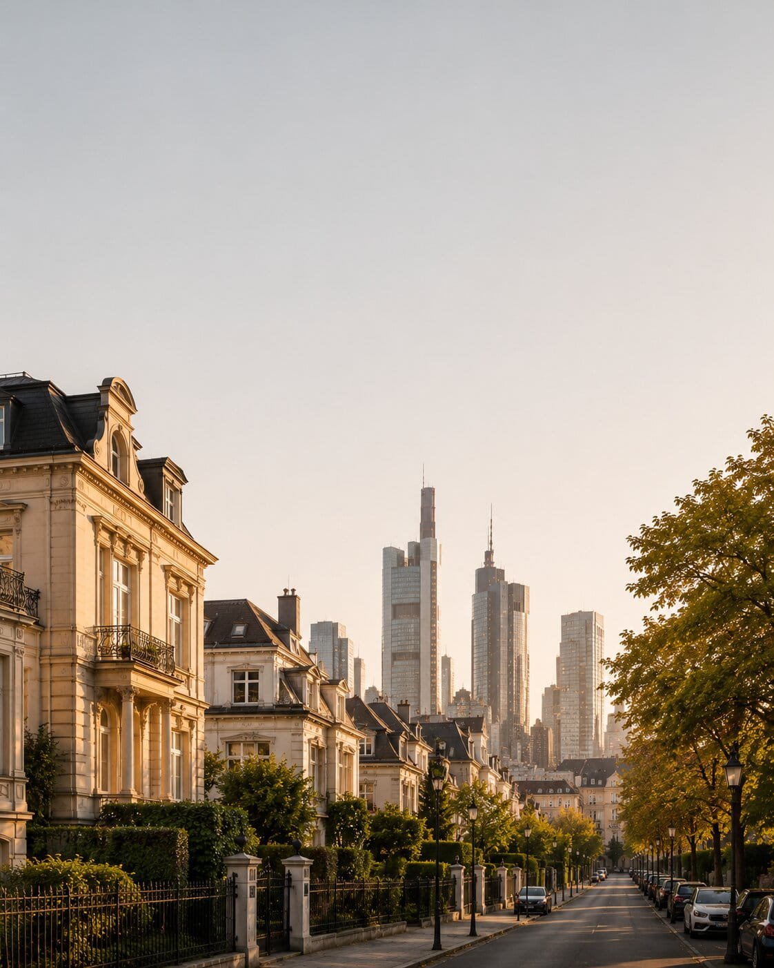 Residential neighborhood in Frankfurt am Main with elegant homes and Frankfurt city skyline at sunset